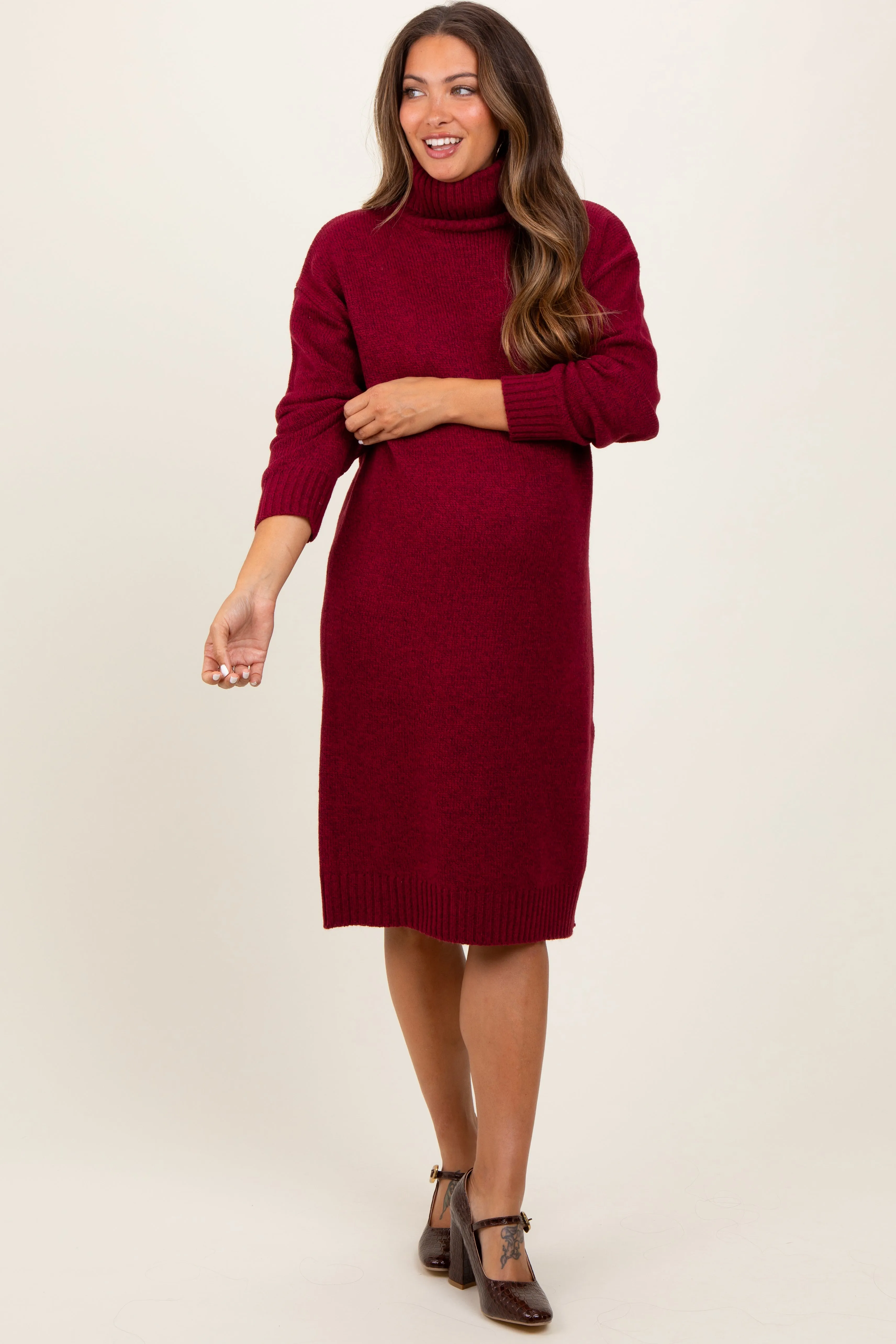 Burgundy Turtleneck Side Slit Maternity Midi Sweater Dress sold by Pinkblush