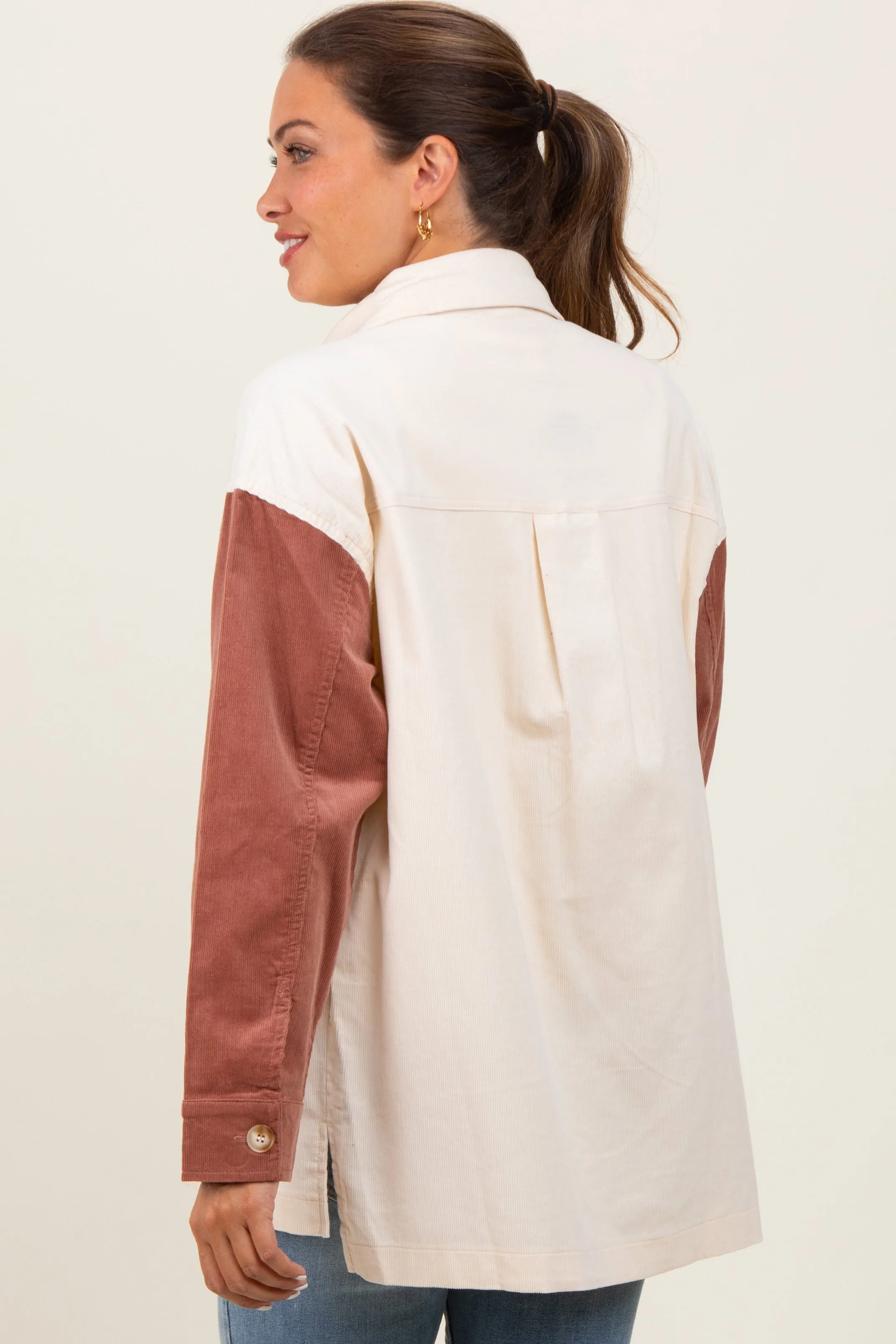 Ivory Corduroy Colorblock Oversized Maternity Shirt Jacket sold by Pinkblush product image thumbnail 3