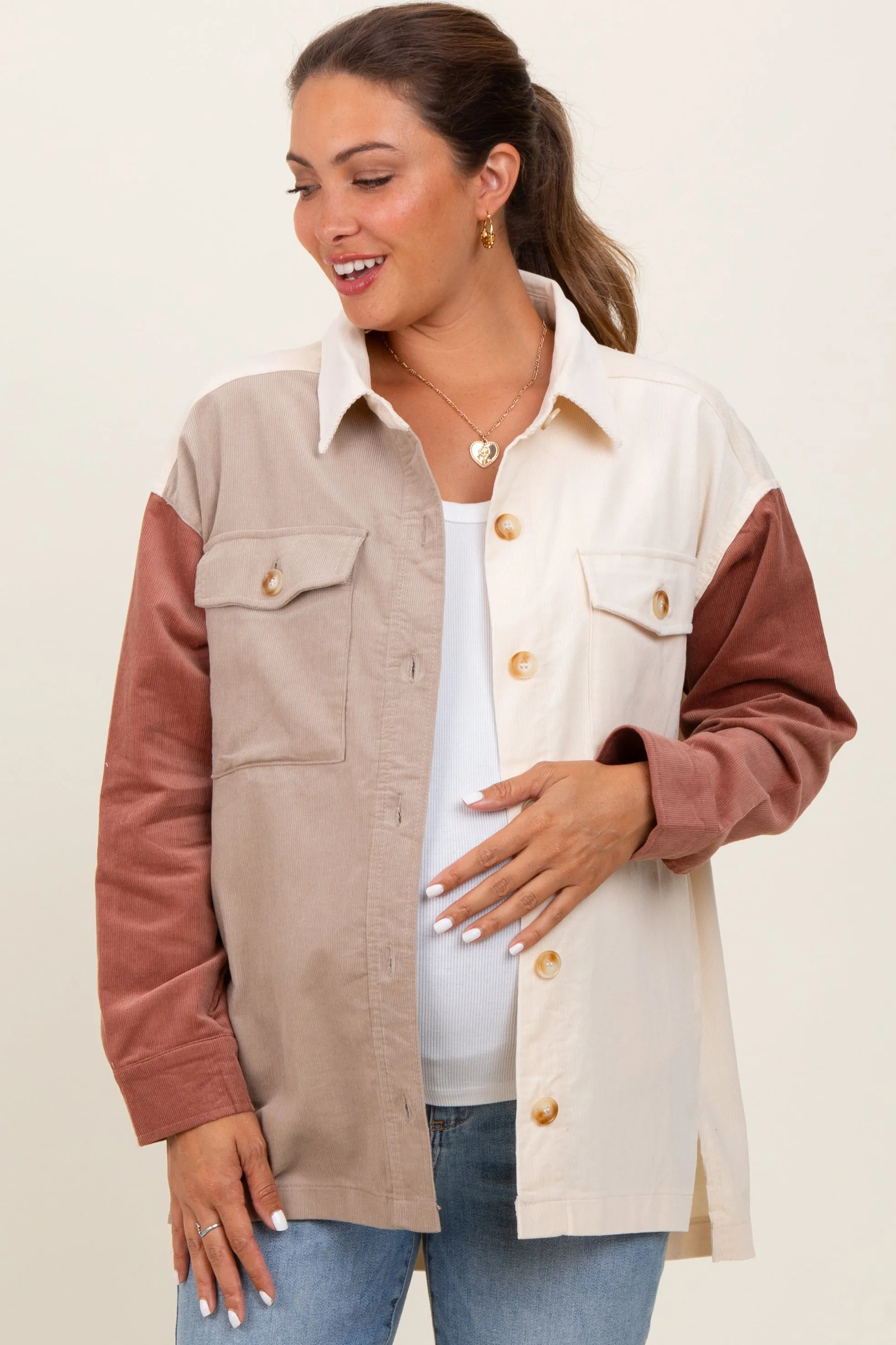 Ivory Corduroy Colorblock Oversized Maternity Shirt Jacket sold by Pinkblush
