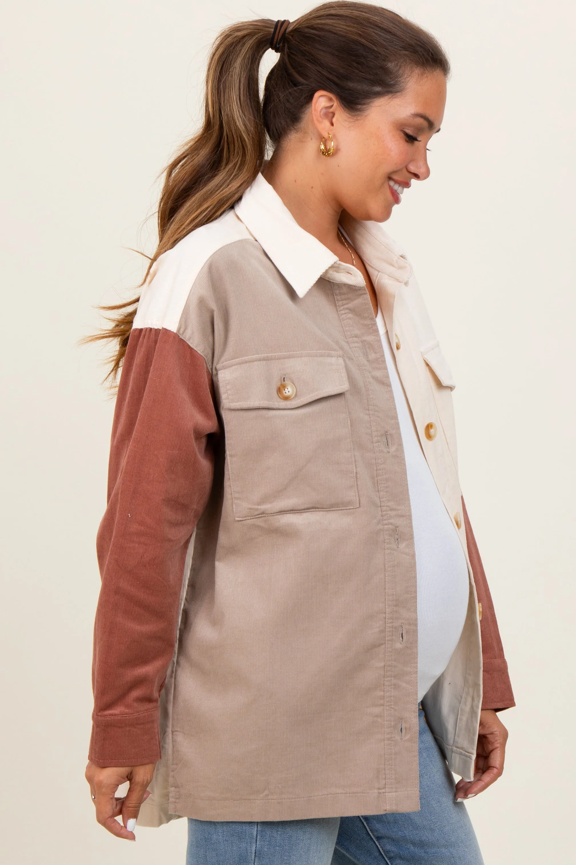 Ivory Corduroy Colorblock Oversized Maternity Shirt Jacket sold by Pinkblush product image thumbnail 2