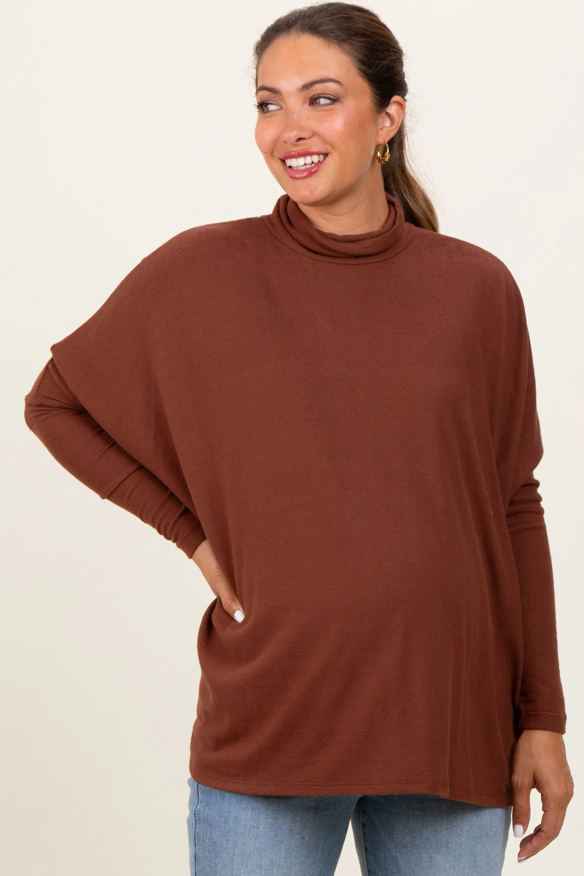 Brown Brushed Knit Turtleneck Dolman Sleeve Maternity Top sold by Pinkblush product image thumbnail 2