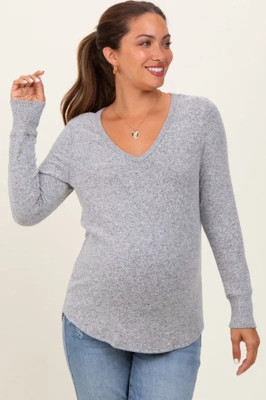 Heather Grey Brushed Knit Relaxed V-Neck Long Sleeve Maternity Top sold by Pinkblush
