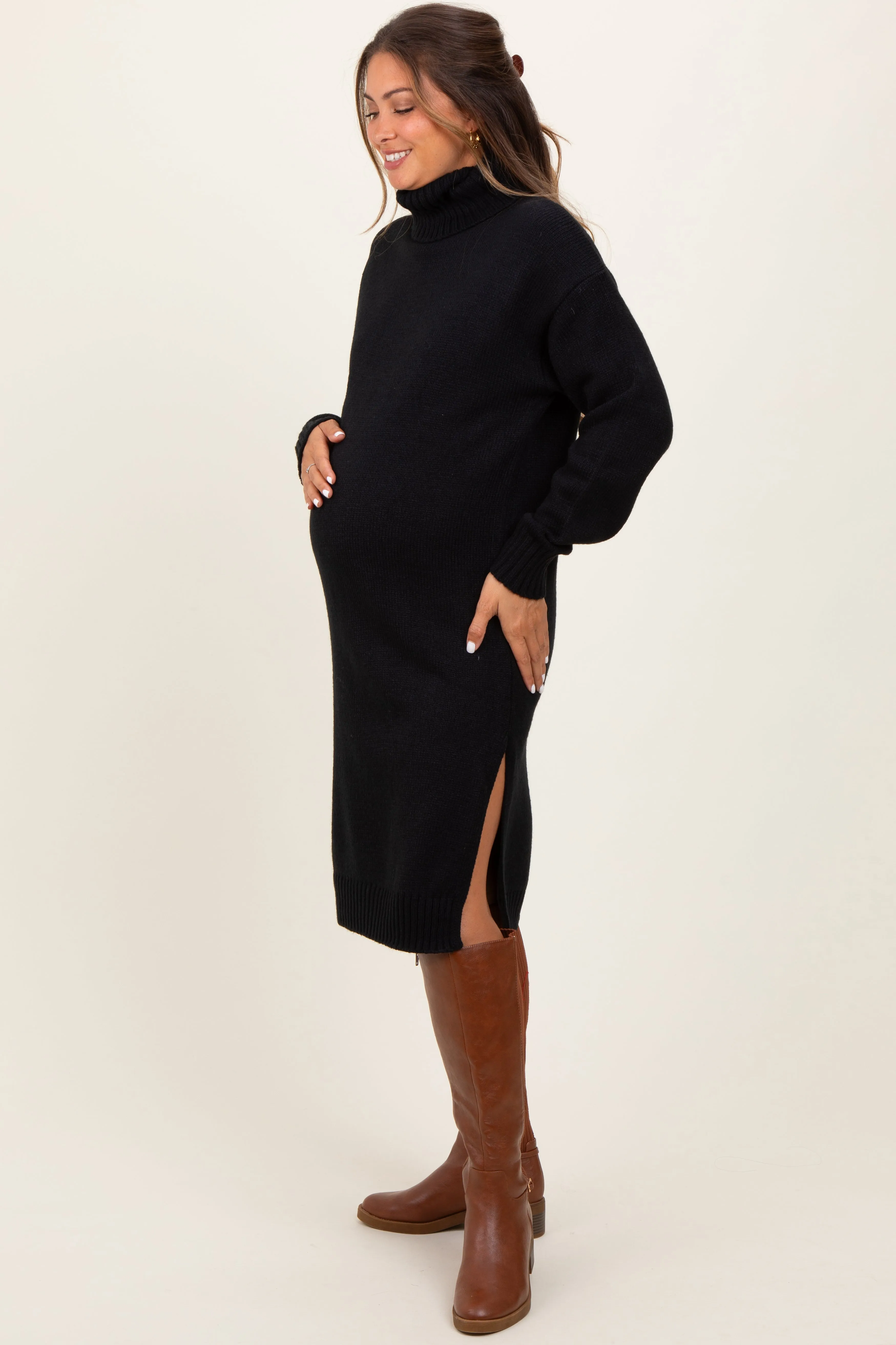Black Turtleneck Side Slit Maternity Midi Sweater Dress sold by Pinkblush product image thumbnail 3