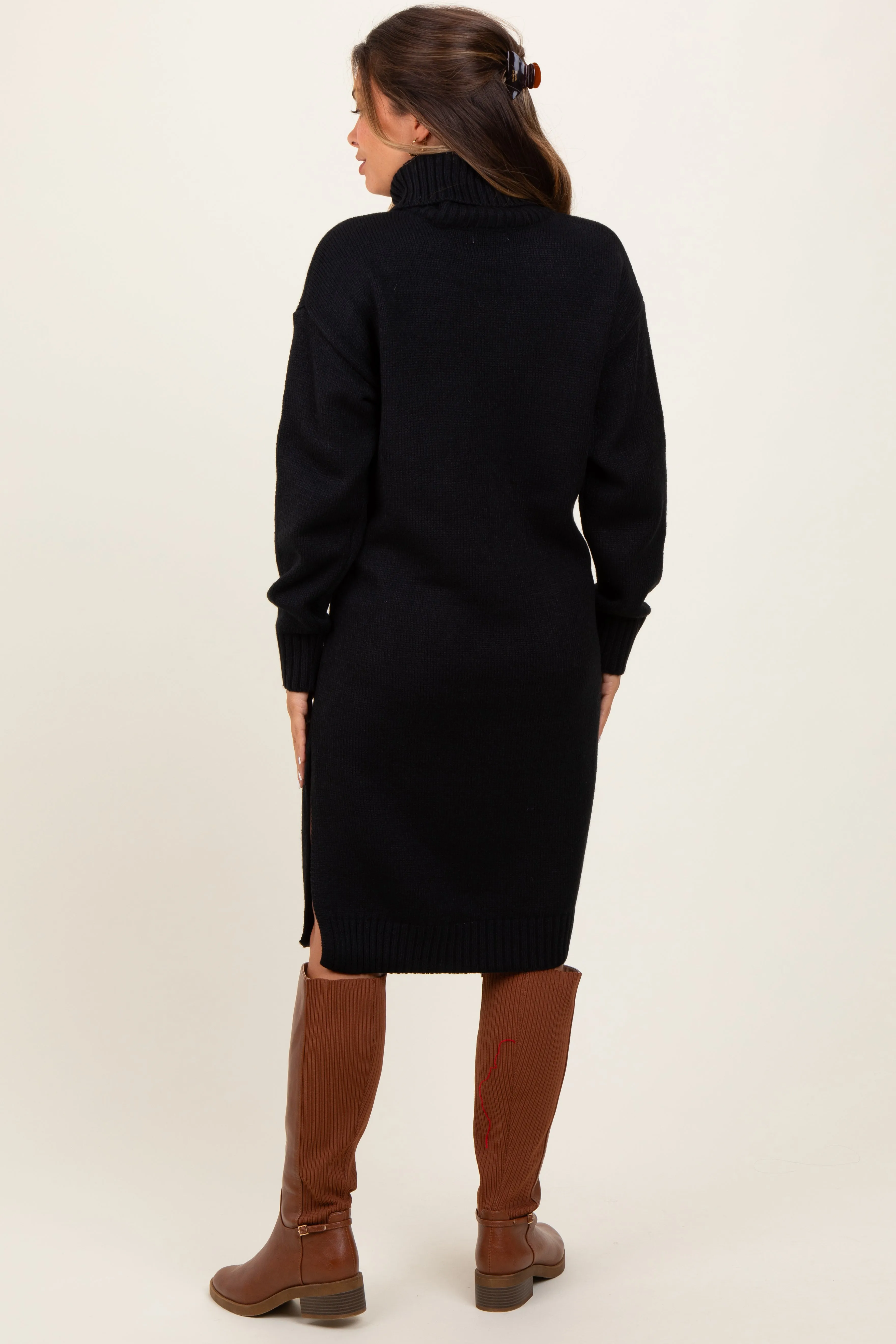 Black Turtleneck Side Slit Maternity Midi Sweater Dress sold by Pinkblush product image thumbnail 4