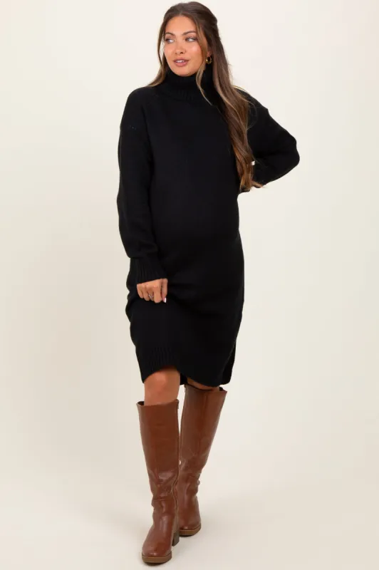 Black Turtleneck Side Slit Maternity Midi Sweater Dress sold by Pinkblush