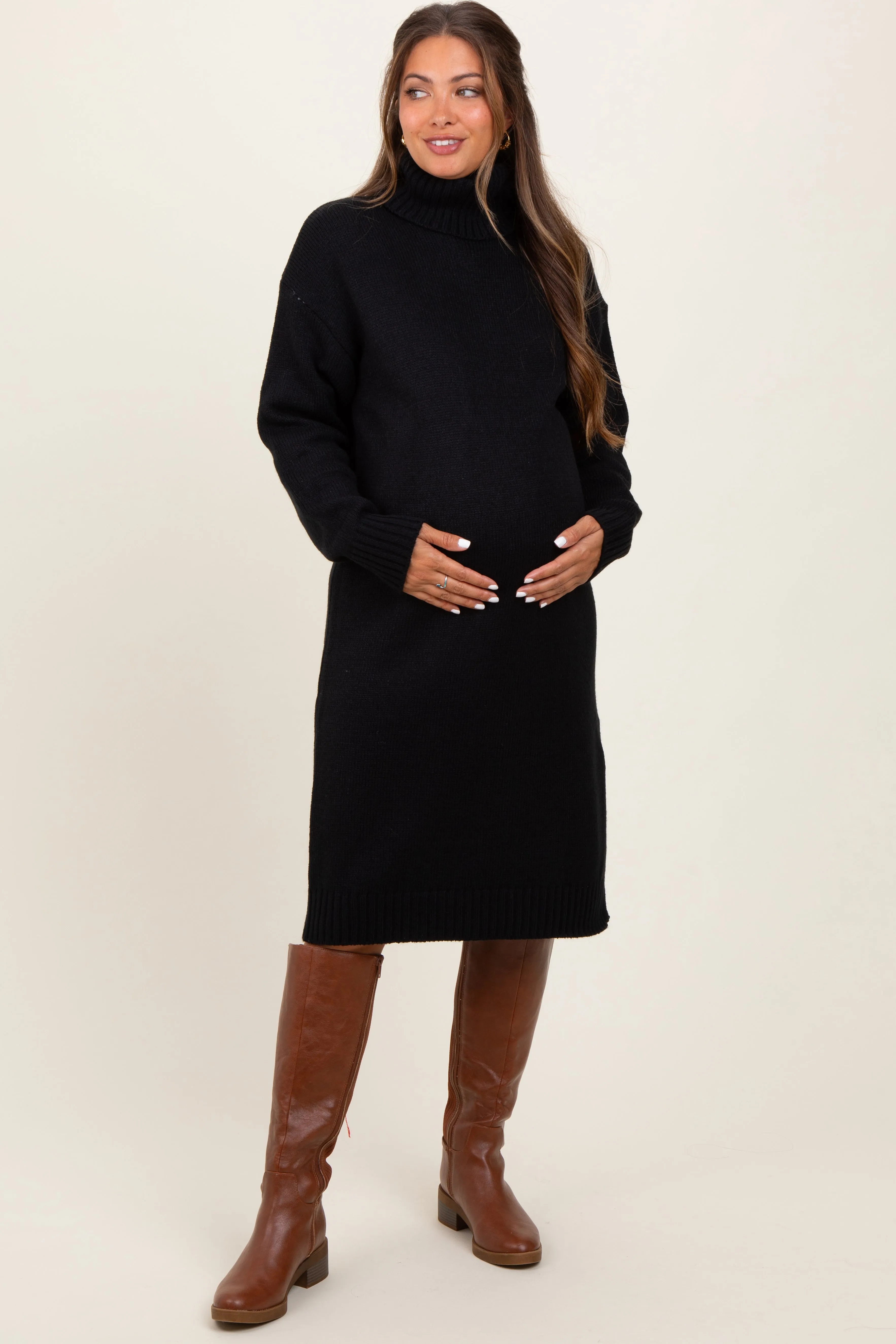 Black Turtleneck Side Slit Maternity Midi Sweater Dress sold by Pinkblush product image thumbnail 2