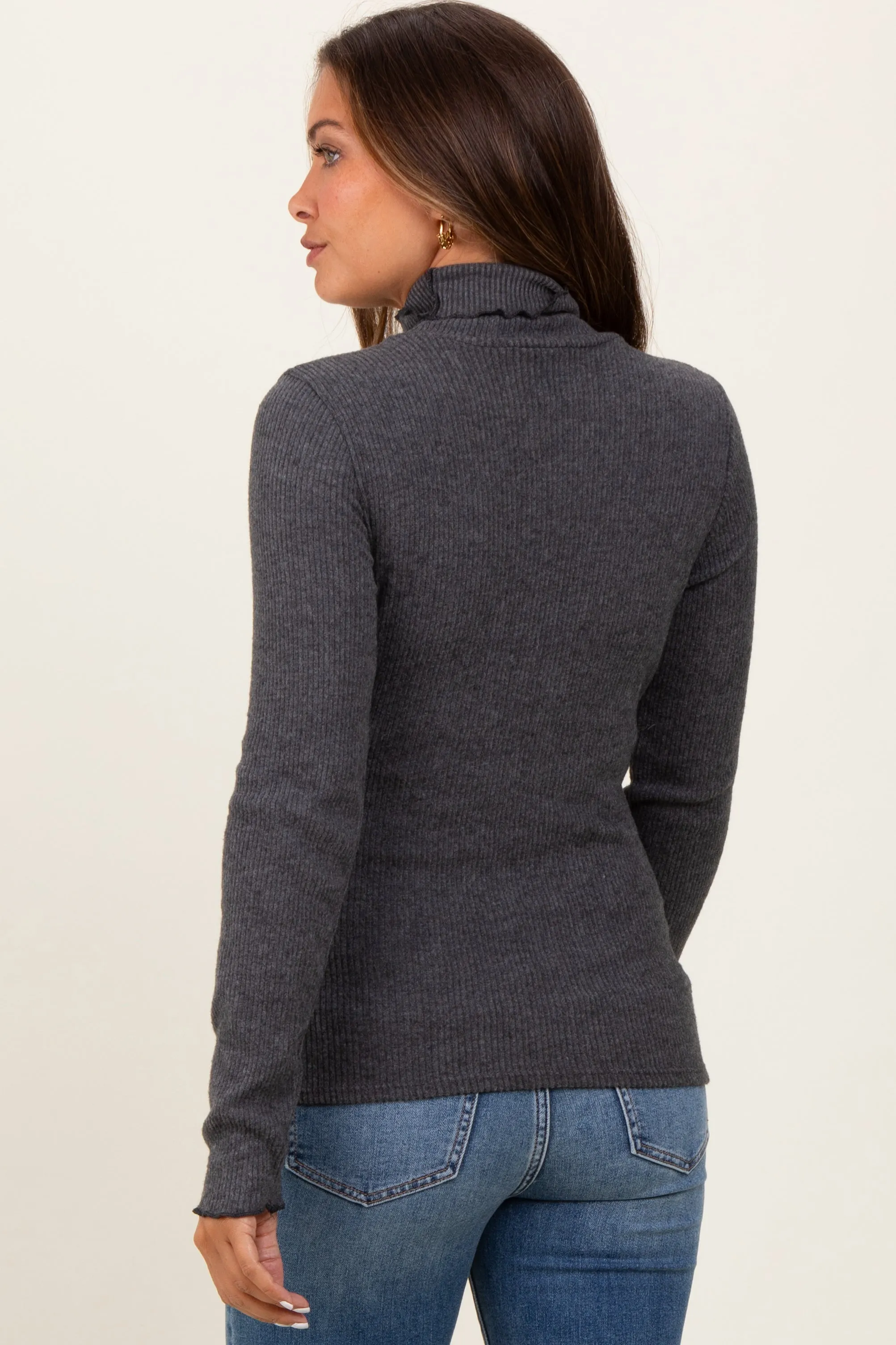 Charcoal Ribbed Knit Ruffle Edge Turtleneck Maternity Top sold by Pinkblush product image thumbnail 3