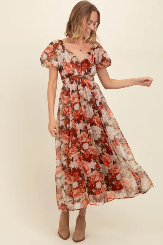 Rust Floral Puff Sleeve Maxi Dress sold by Pinkblush