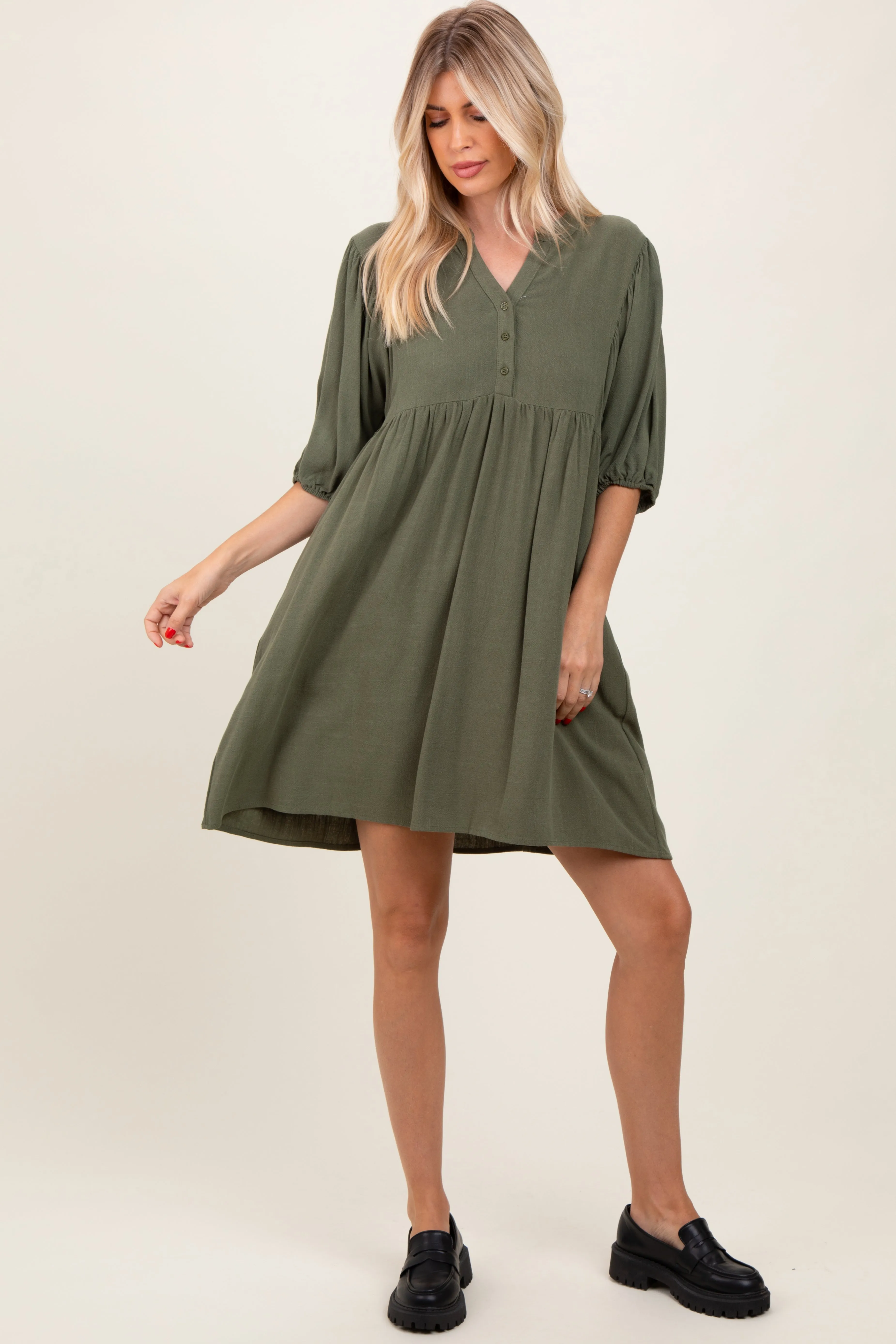 Olive Button Up Split Neck Dress sold by Pinkblush product image thumbnail 2