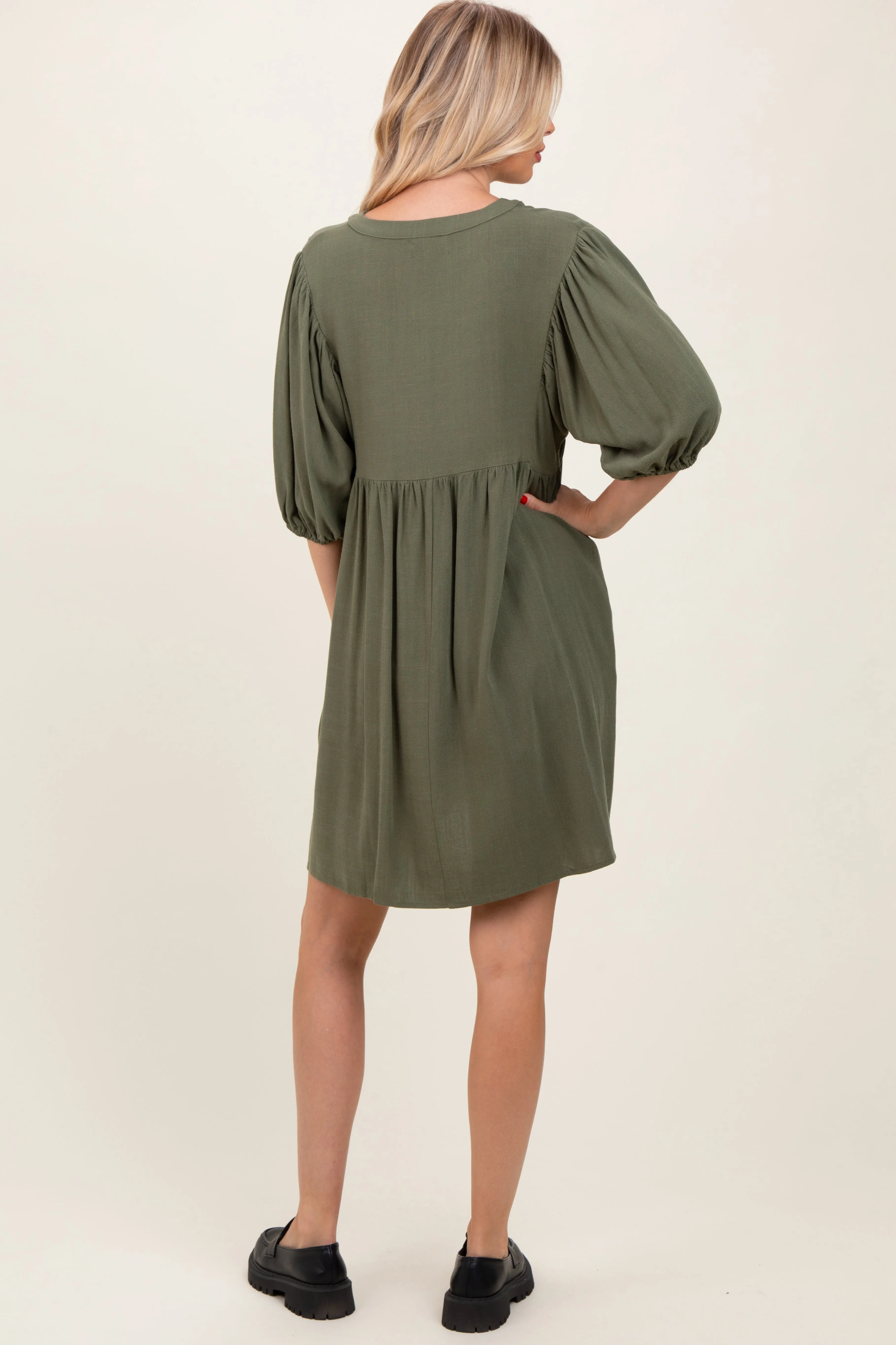 Olive Button Up Split Neck Dress sold by Pinkblush product image thumbnail 3