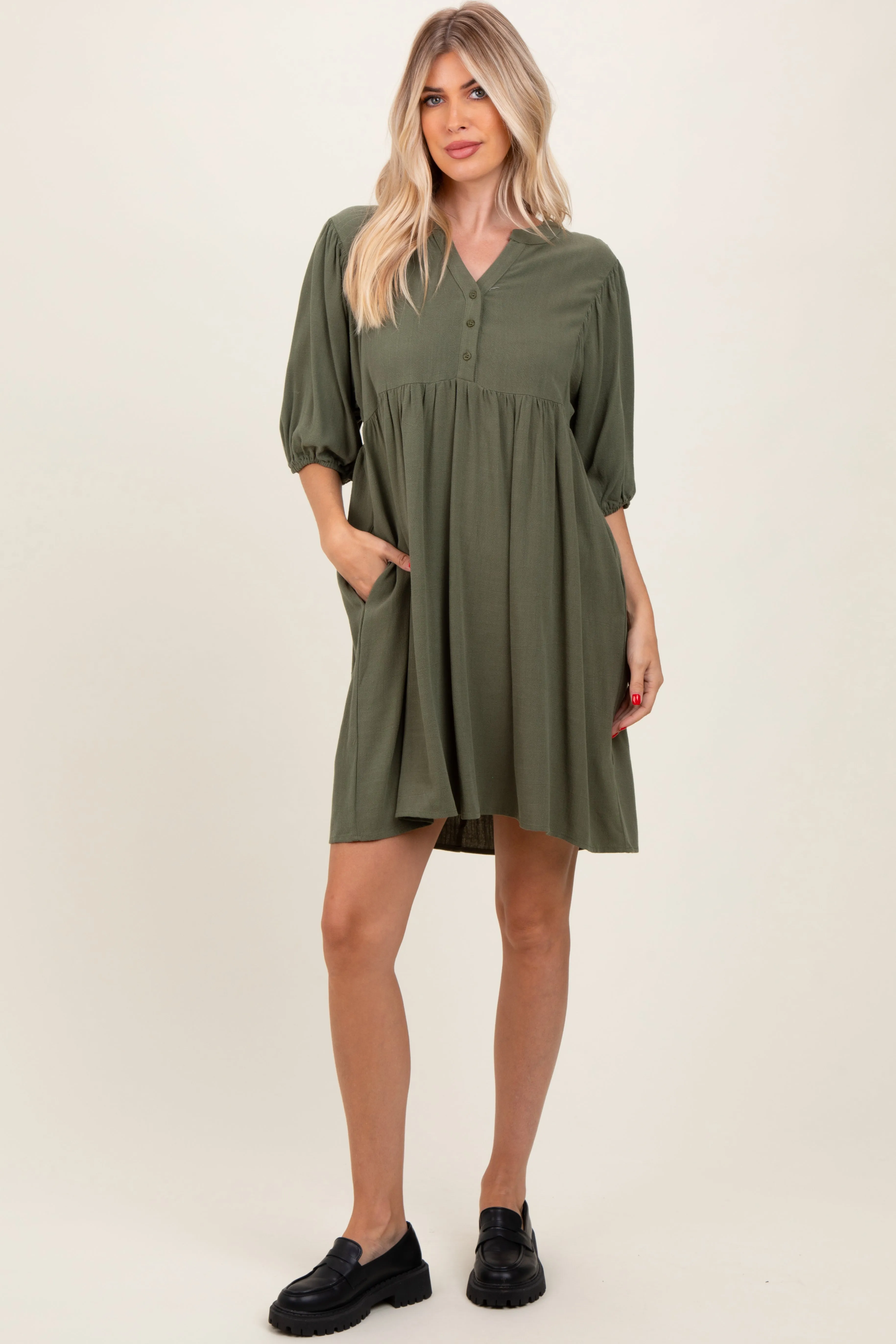 Olive Button Up Split Neck Dress sold by Pinkblush product image thumbnail 4