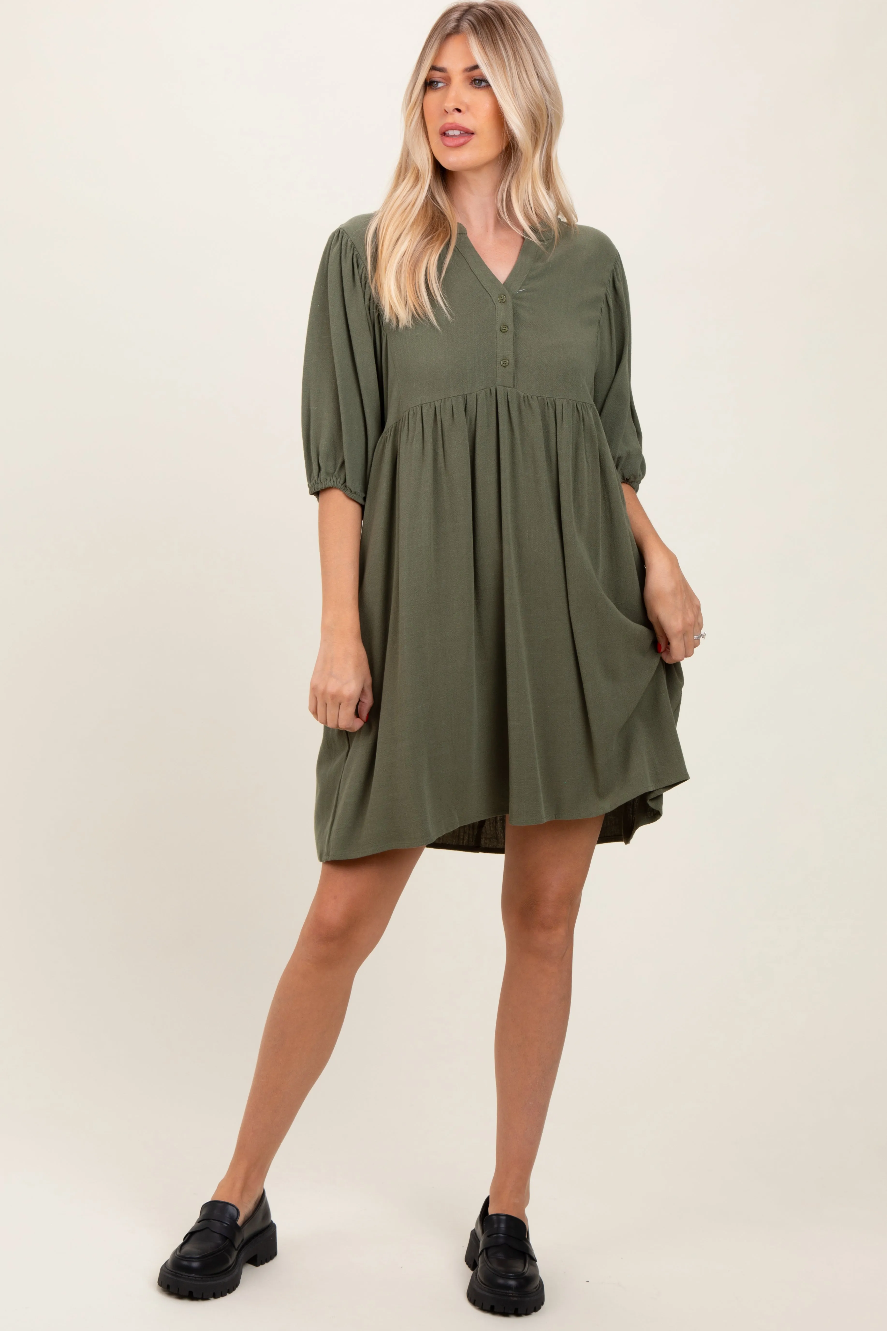 Olive Button Up Split Neck Dress sold by Pinkblush