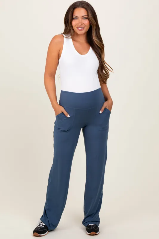 Blue Straight Leg Yoga Maternity Pants sold by Pinkblush