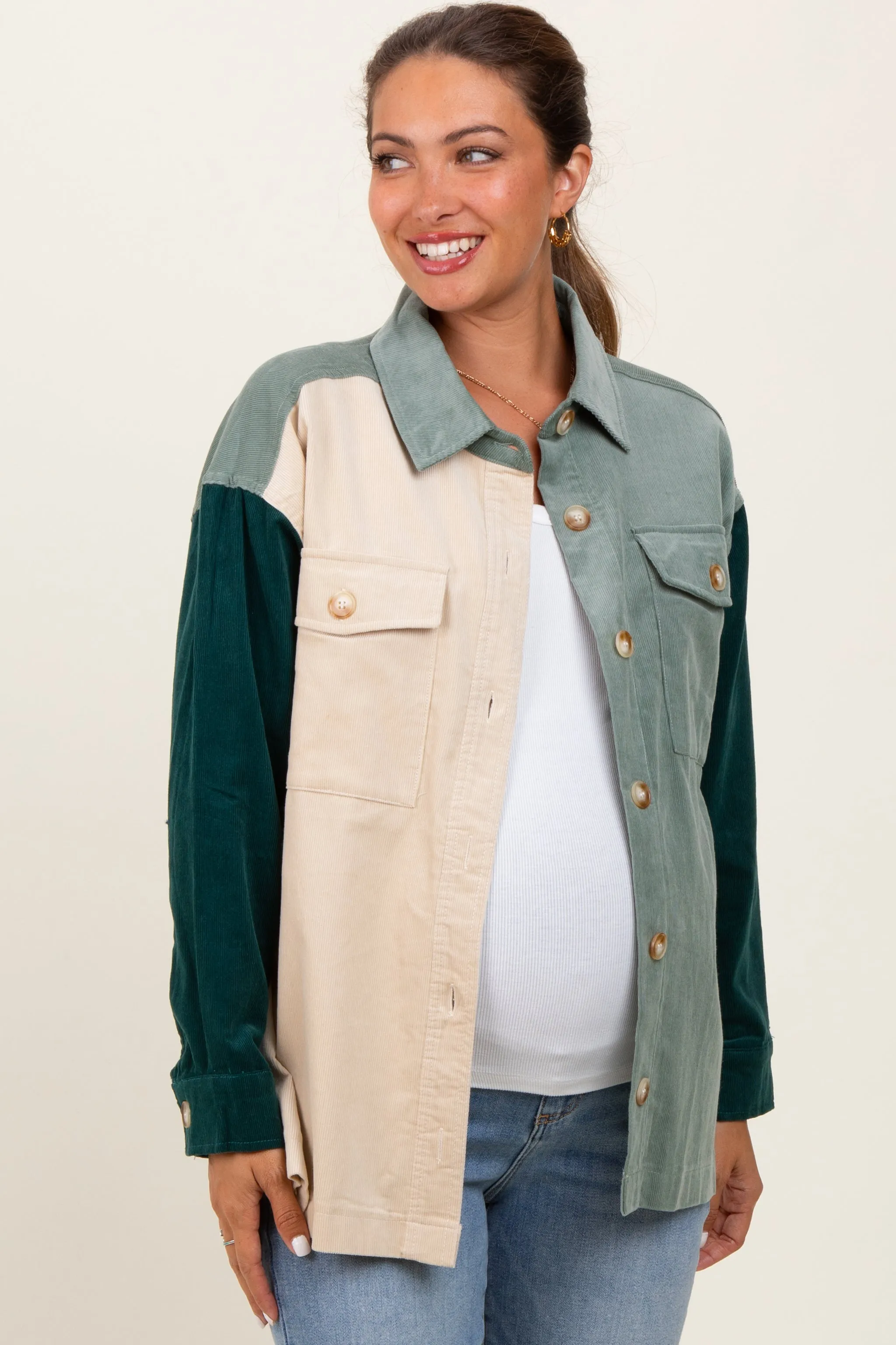 Light Olive Corduroy Colorblock Oversized Maternity Shirt Jacket sold by Pinkblush product image thumbnail 3