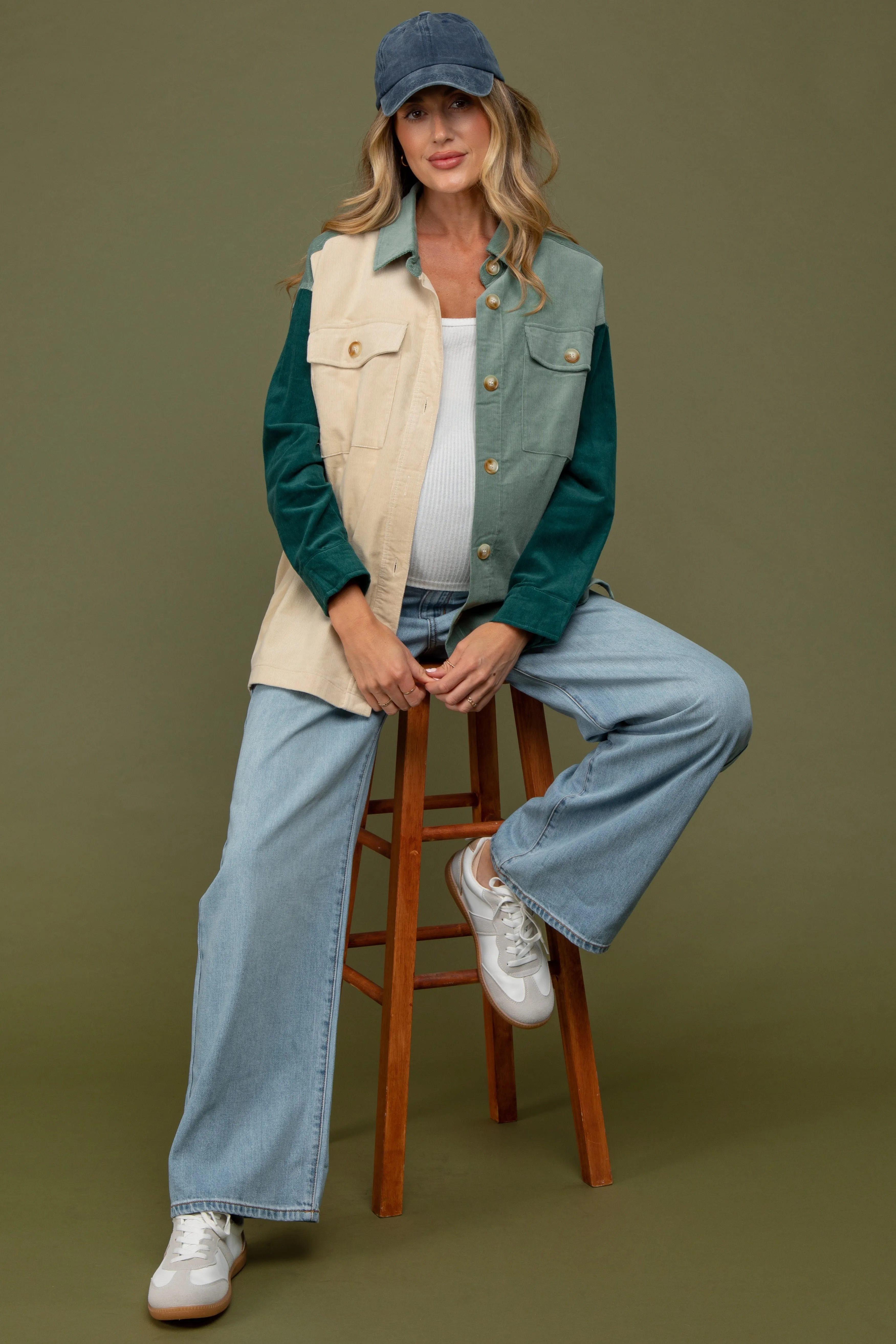 Light Olive Corduroy Colorblock Oversized Maternity Shirt Jacket sold by Pinkblush
