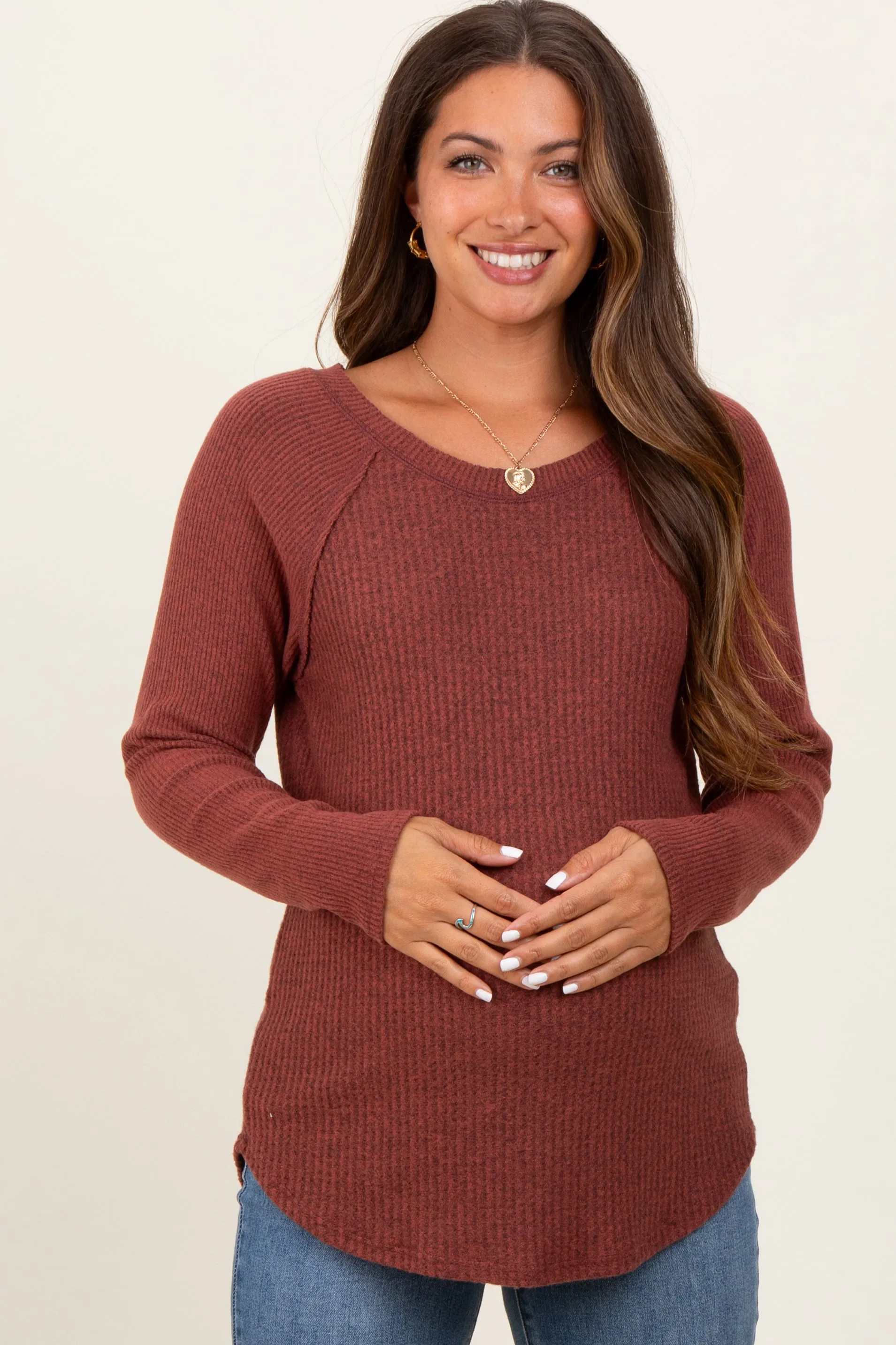 Brown Waffle Knit Raglan Long Sleeve Maternity Top sold by Pinkblush