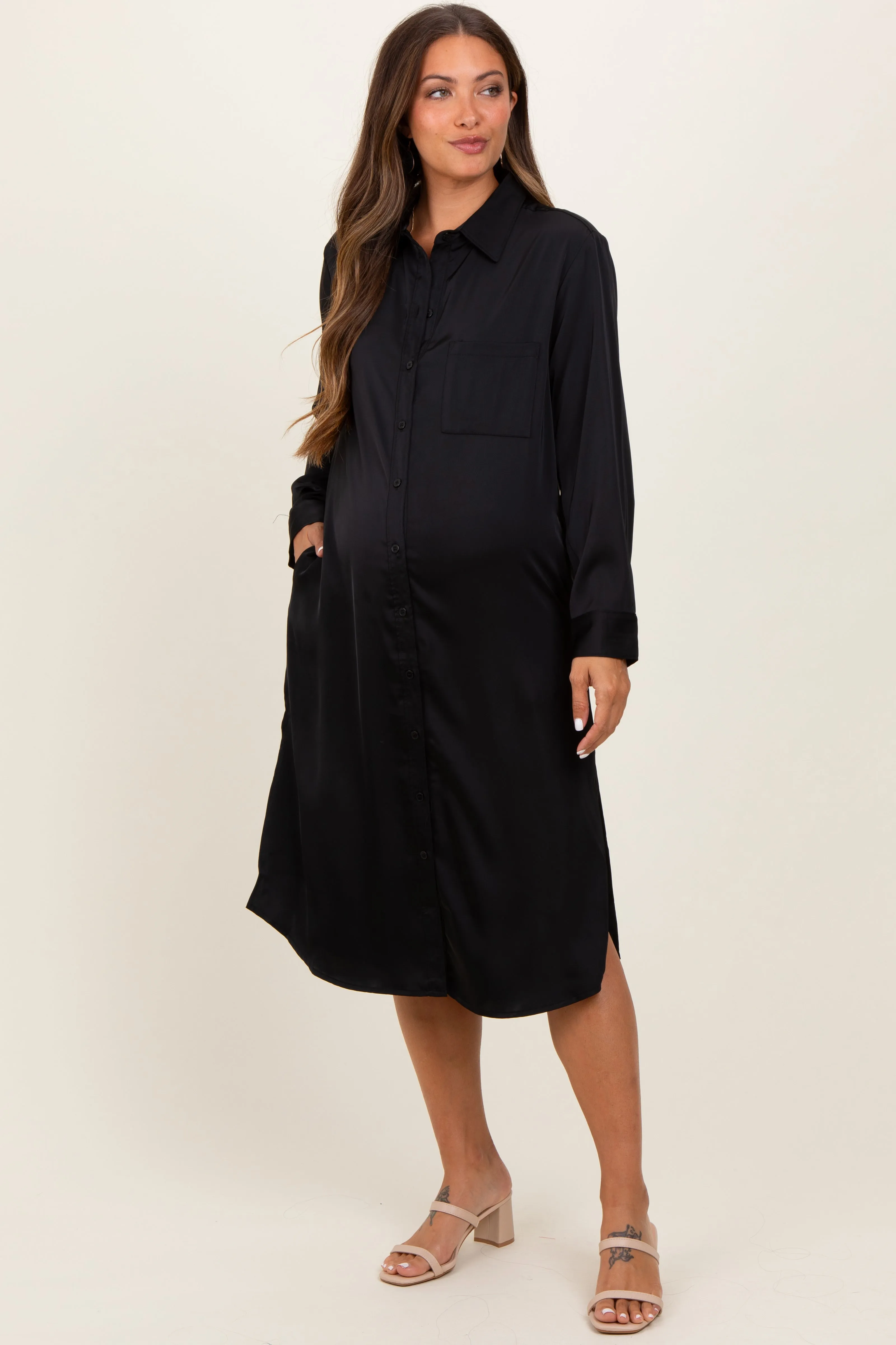Black Long Sleeve Maternity Midi Shirt Dress sold by Pinkblush