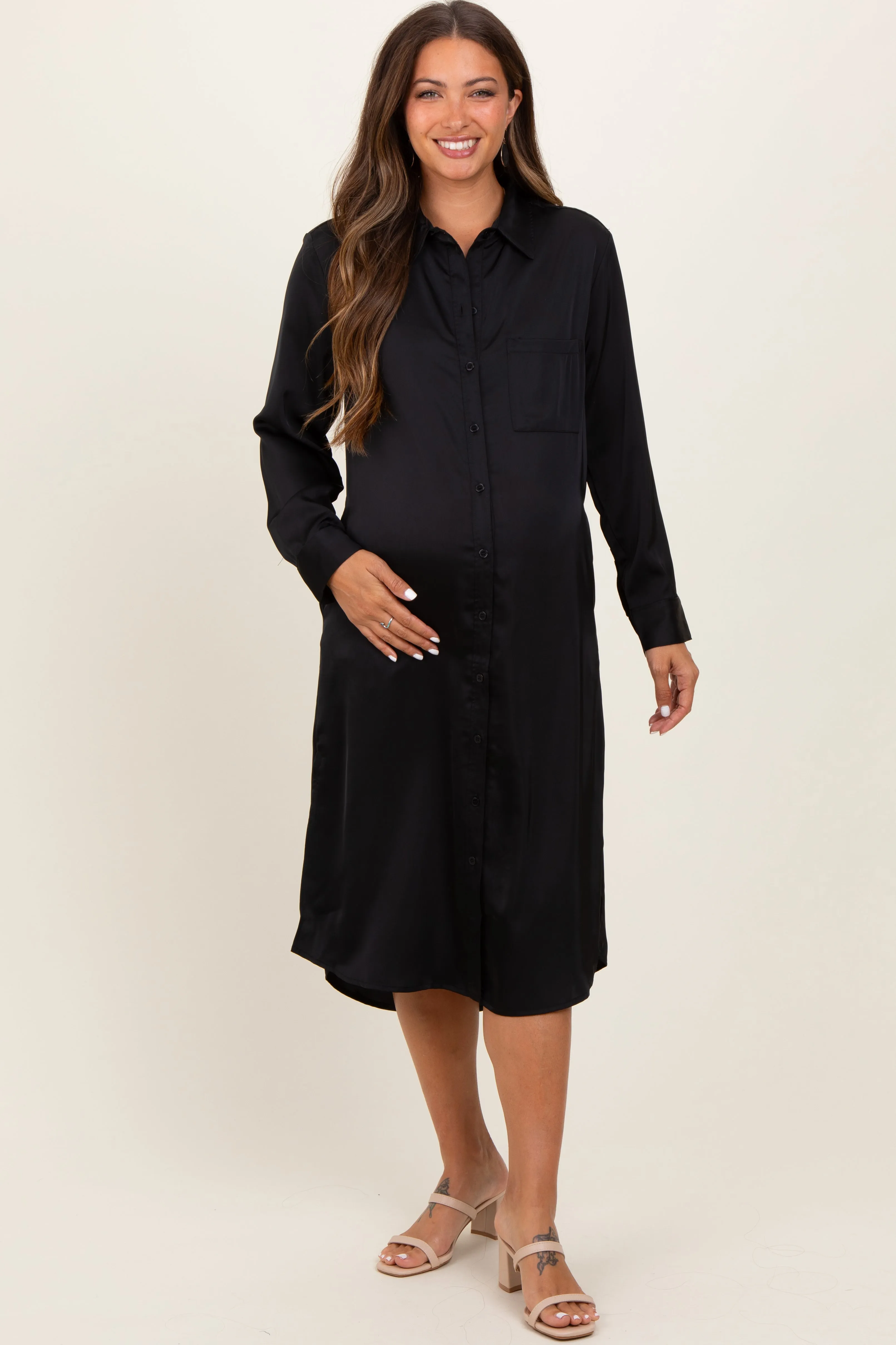 Black Long Sleeve Maternity Midi Shirt Dress sold by Pinkblush product image thumbnail 2