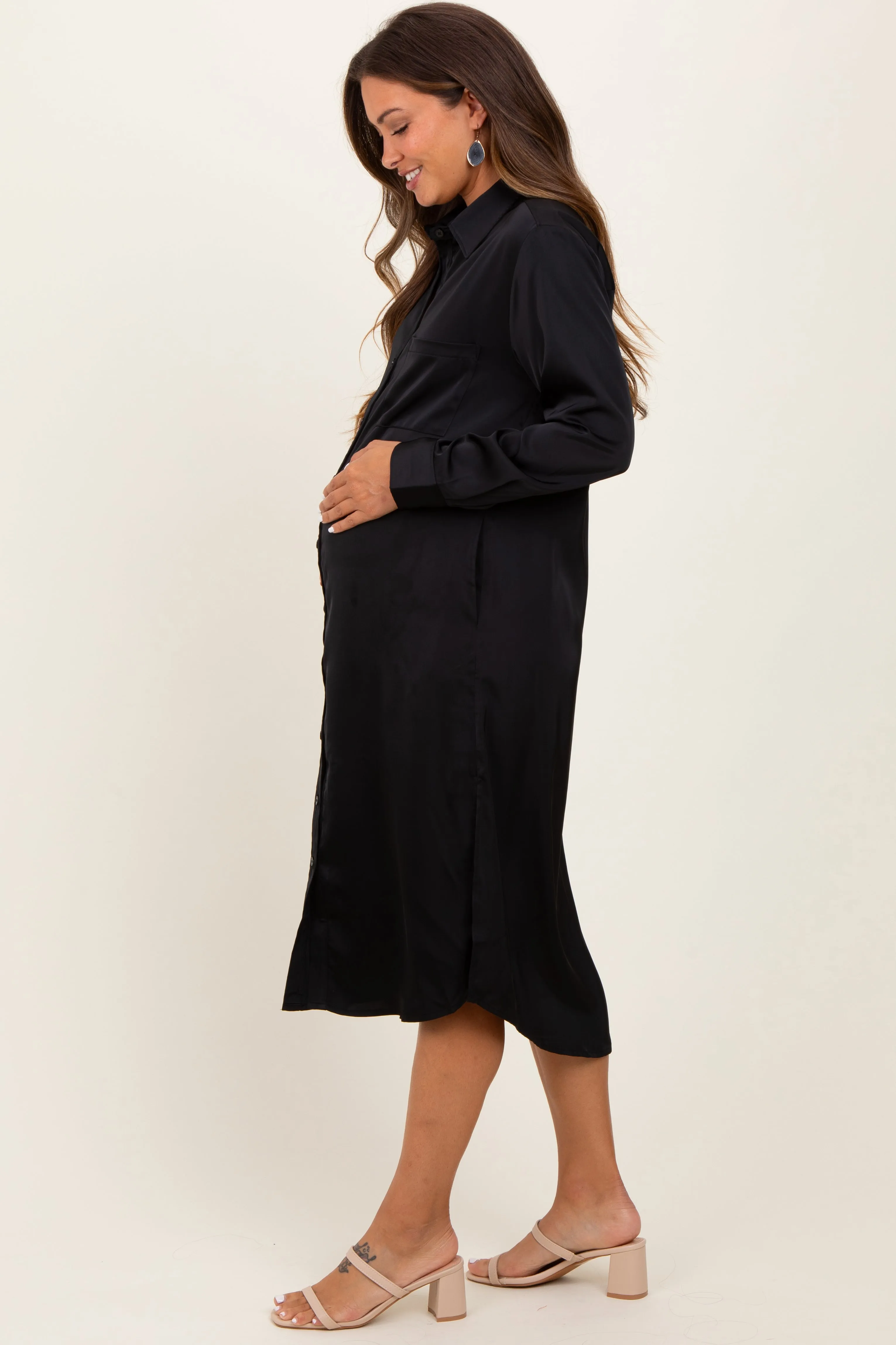 Black Long Sleeve Maternity Midi Shirt Dress sold by Pinkblush product image thumbnail 3