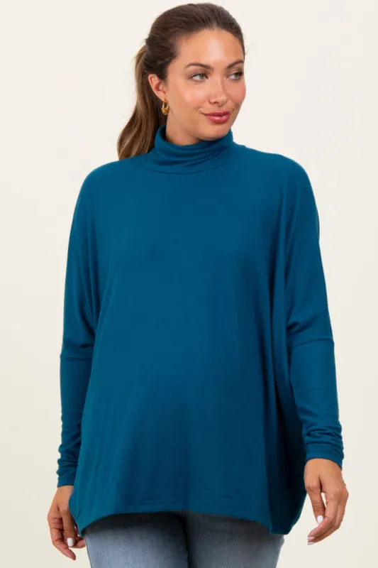 Dark Teal Brushed Knit Turtleneck Dolman Sleeve Maternity Top sold by Pinkblush