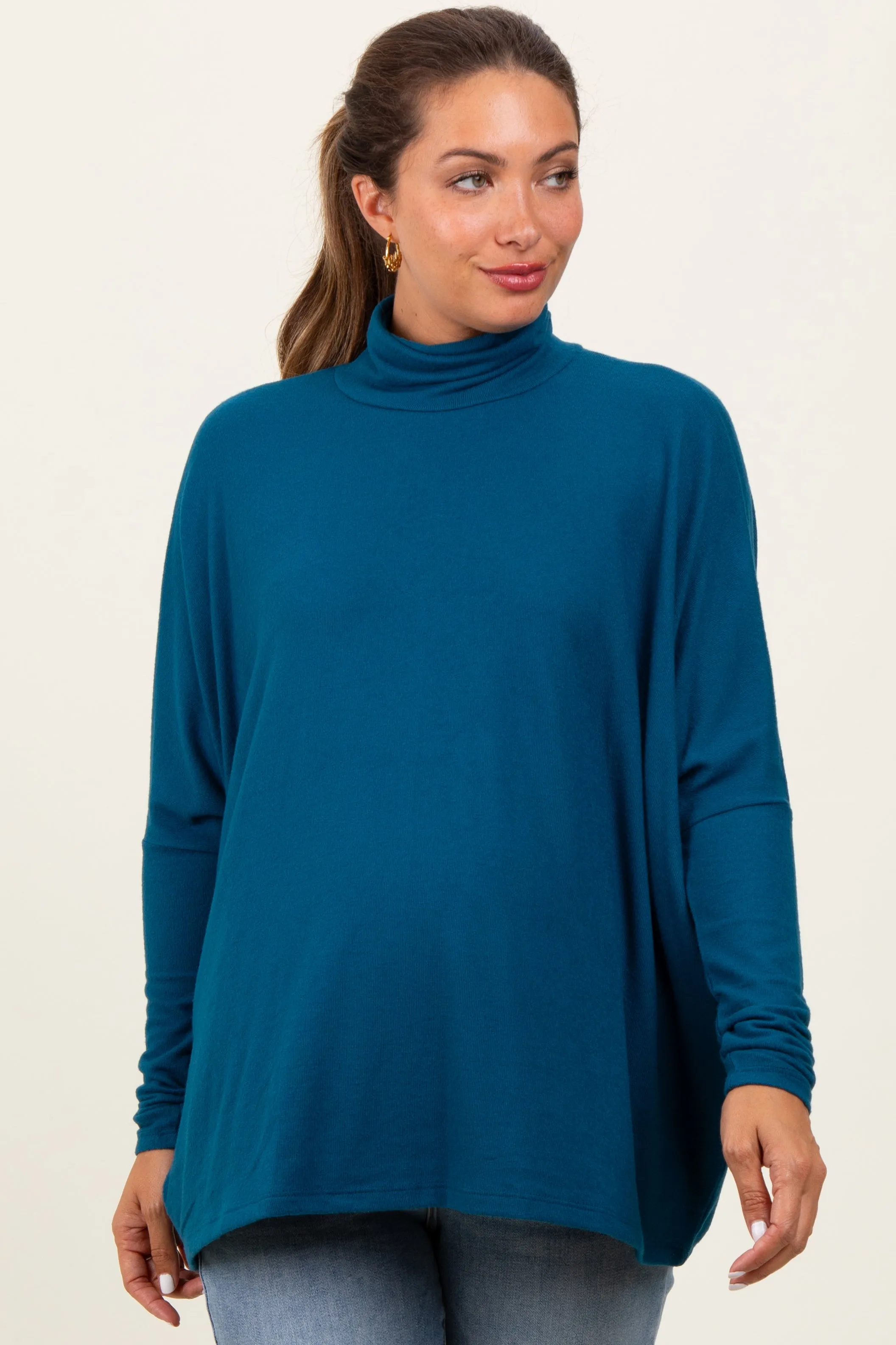 Dark Teal Brushed Knit Turtleneck Dolman Sleeve Maternity Top sold by Pinkblush