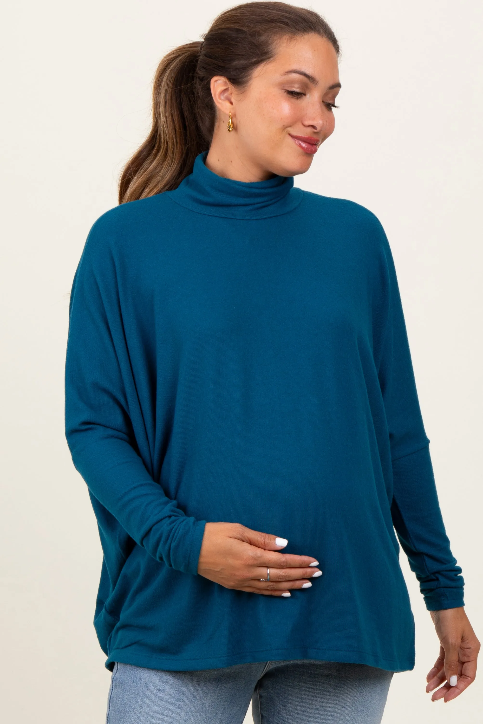 Dark Teal Brushed Knit Turtleneck Dolman Sleeve Maternity Top sold by Pinkblush product image thumbnail 2