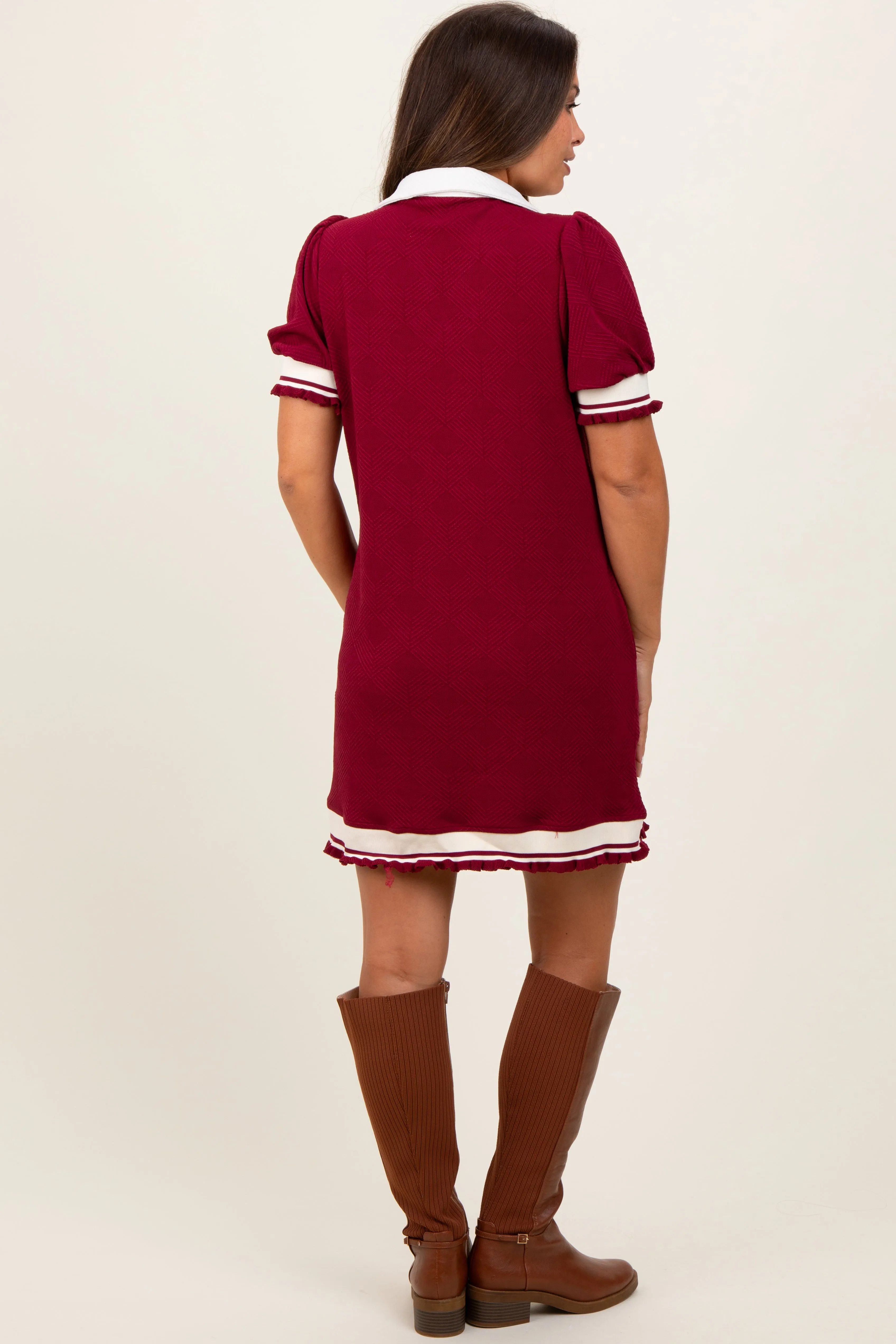 Burgundy Knit Contrast Trim Collared Maternity Mini Dress sold by Pinkblush product image thumbnail 4