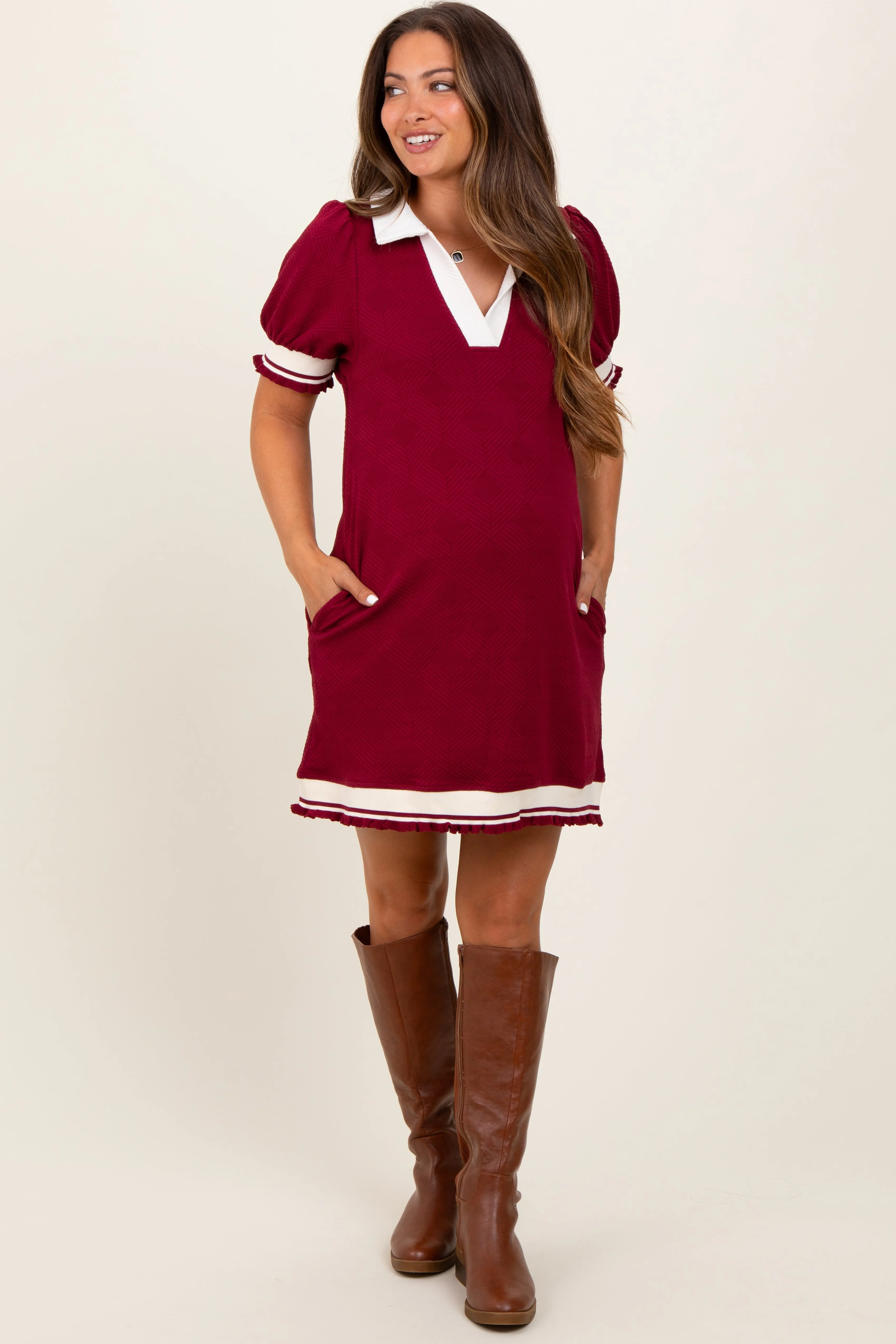 Burgundy Knit Contrast Trim Collared Maternity Mini Dress sold by Pinkblush