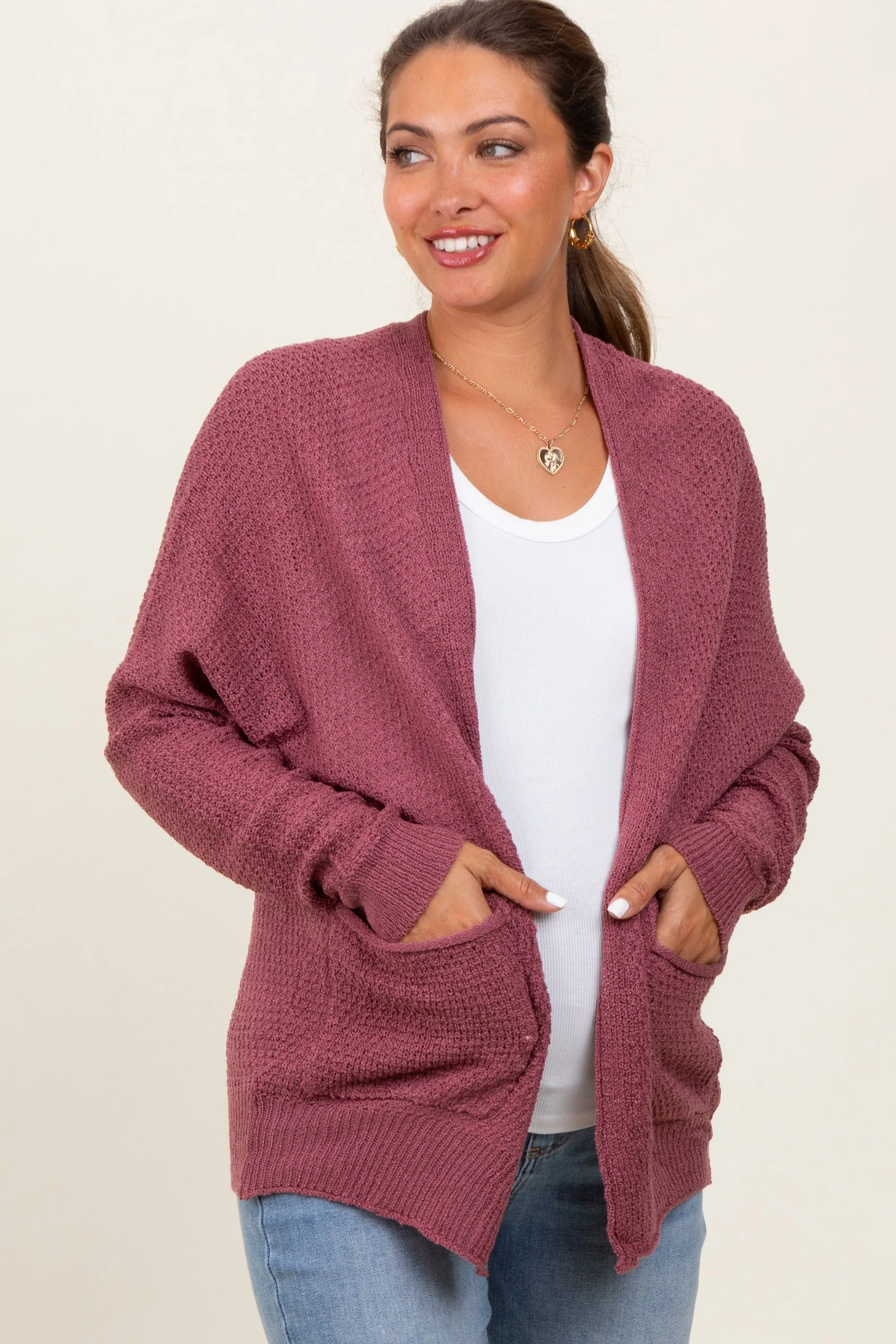 Magenta Pocketed Open Maternity Cardigan sold by Pinkblush
