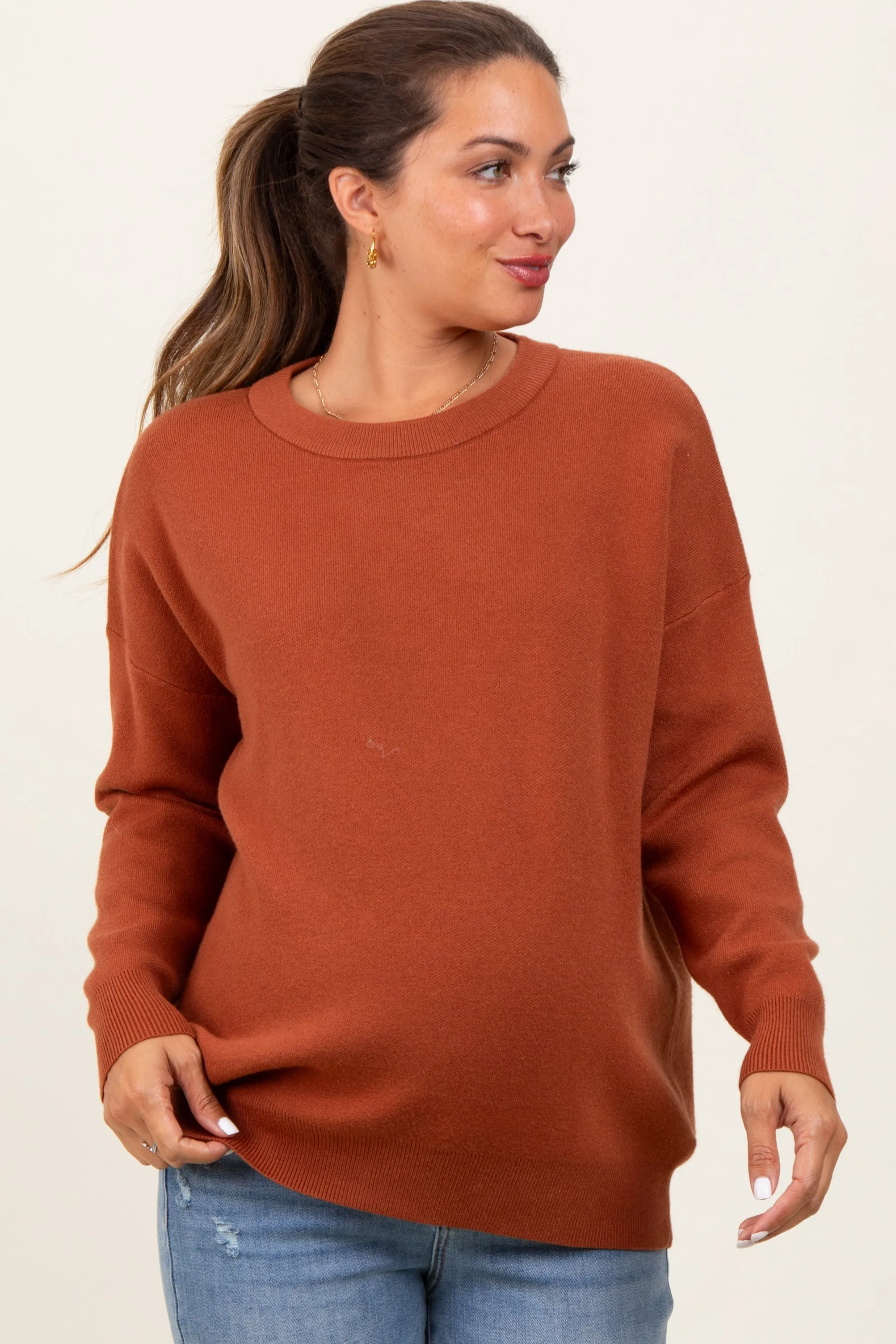 Rust Basic Relaxed Pullover Maternity Sweater sold by Pinkblush