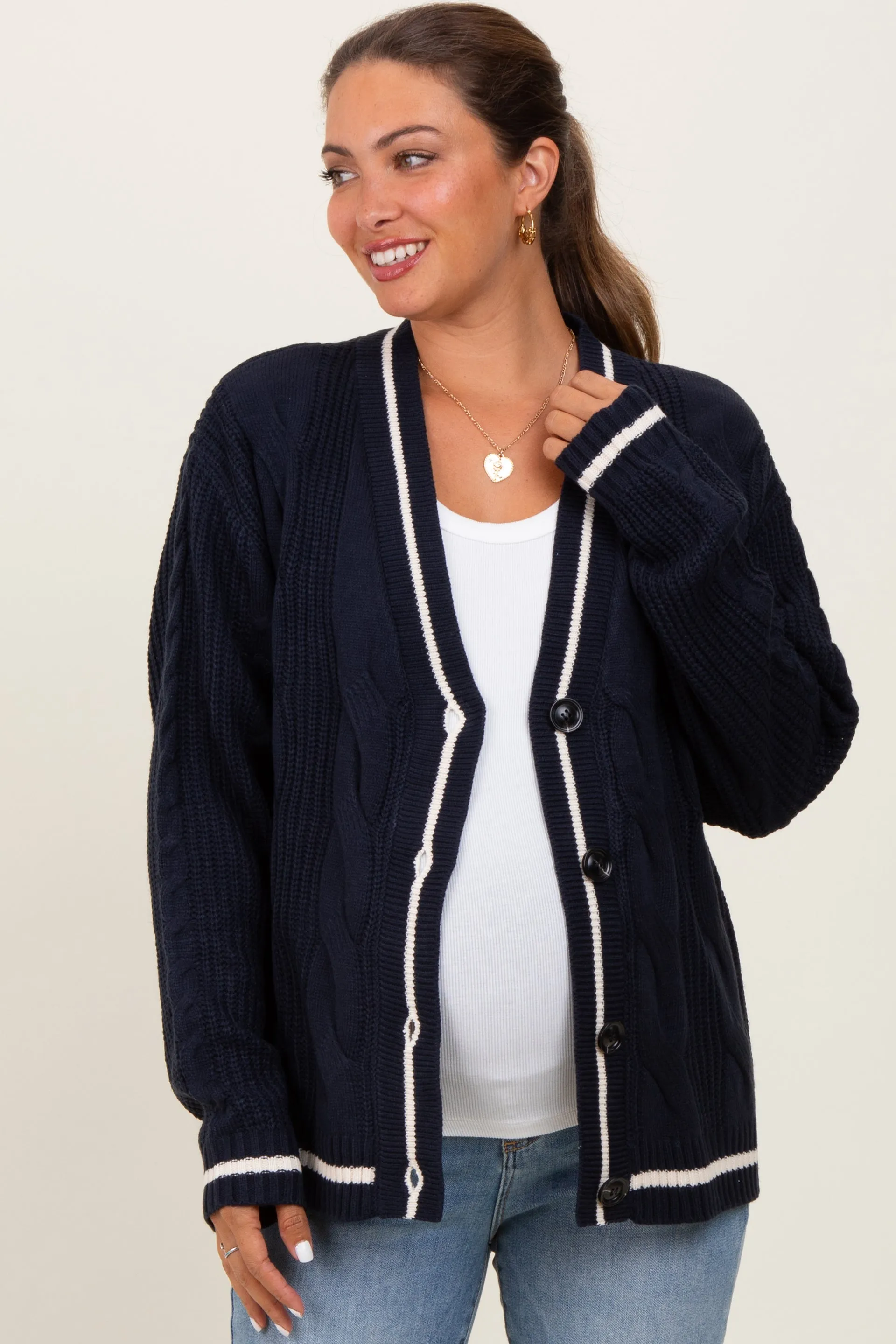 Navy Blue Cable Knit Maternity Sweater Cardigan sold by Pinkblush product image thumbnail 2