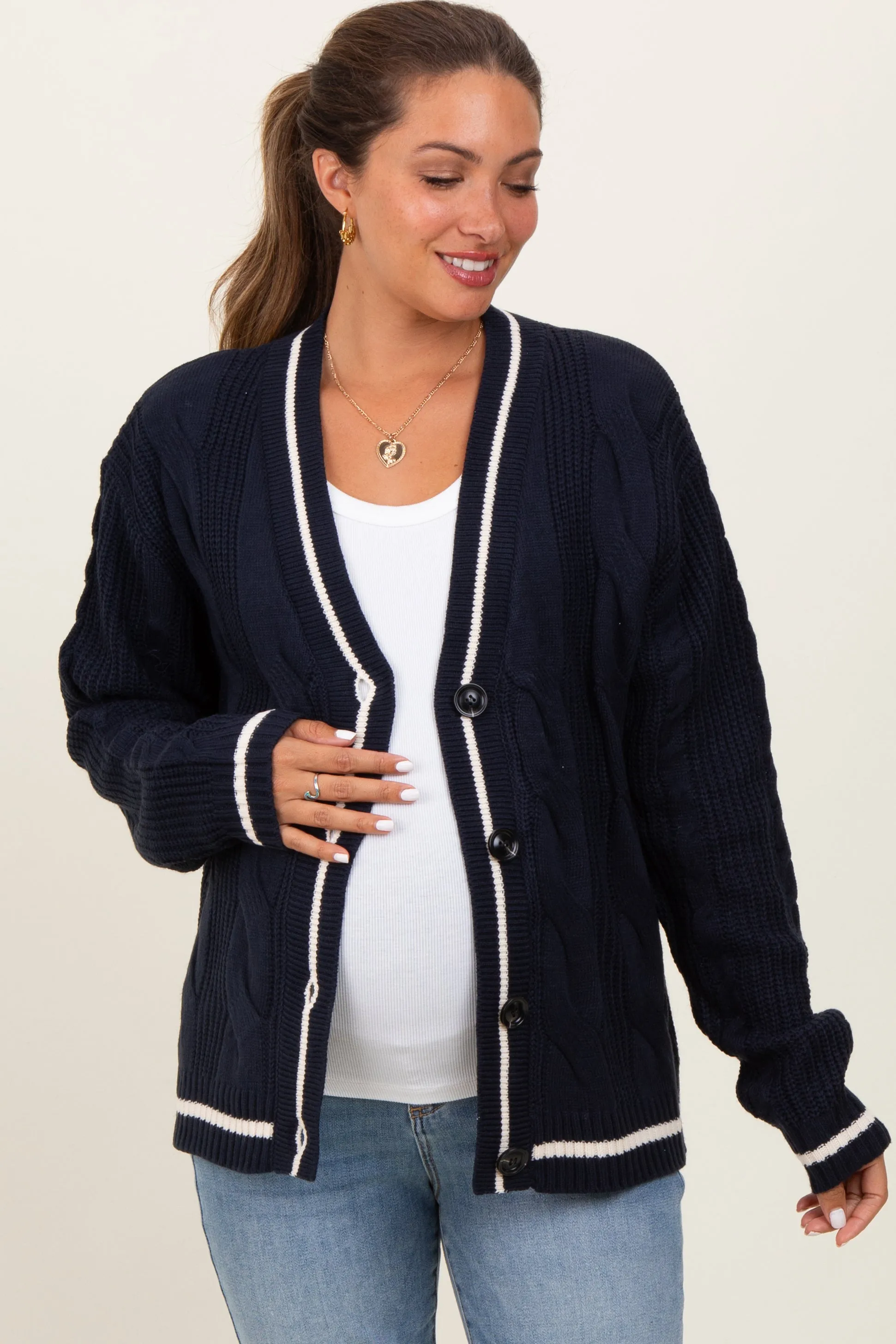 Navy Blue Cable Knit Maternity Sweater Cardigan sold by Pinkblush
