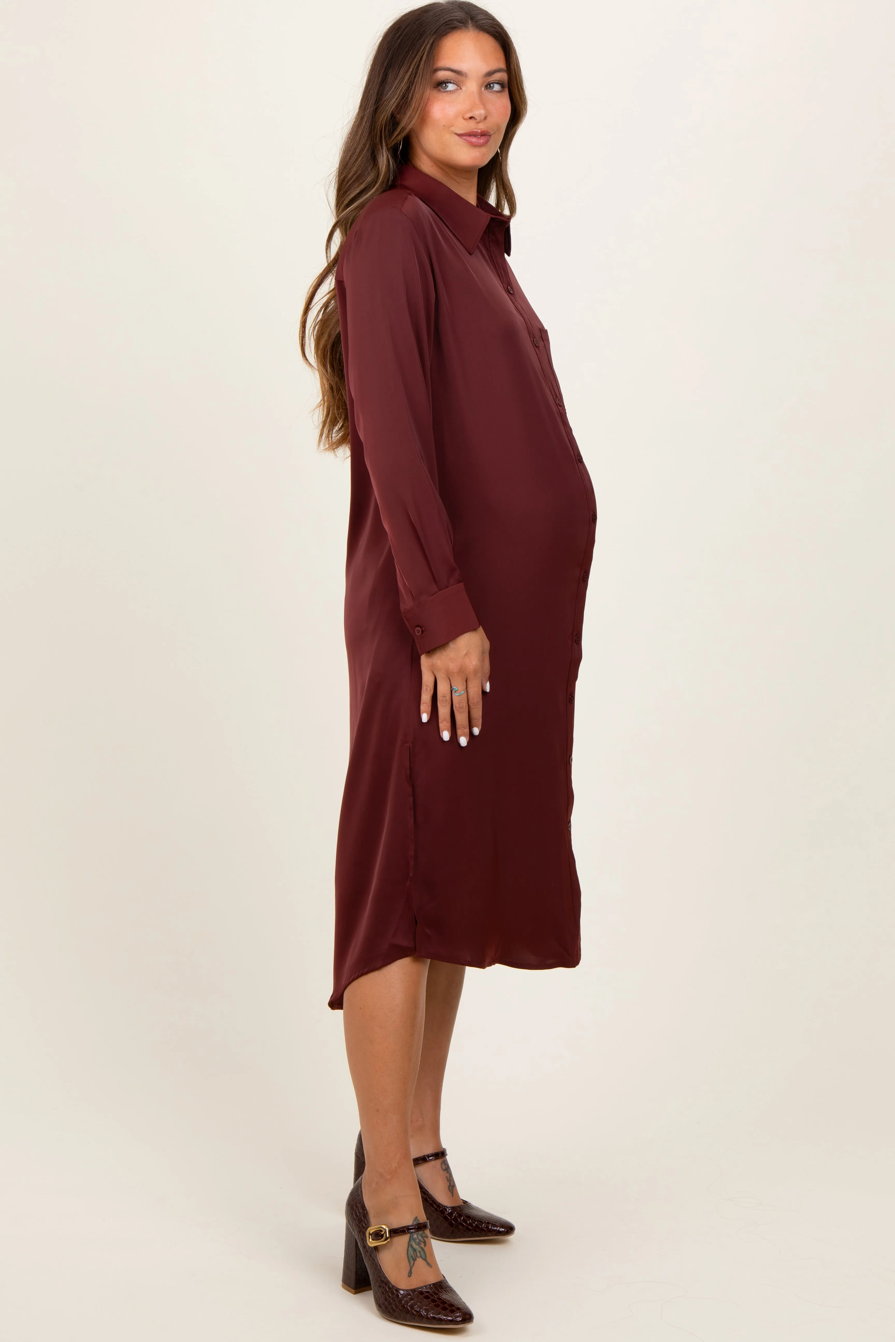 Rust Long Sleeve Maternity Midi Shirt Dress sold by Pinkblush product image thumbnail 2