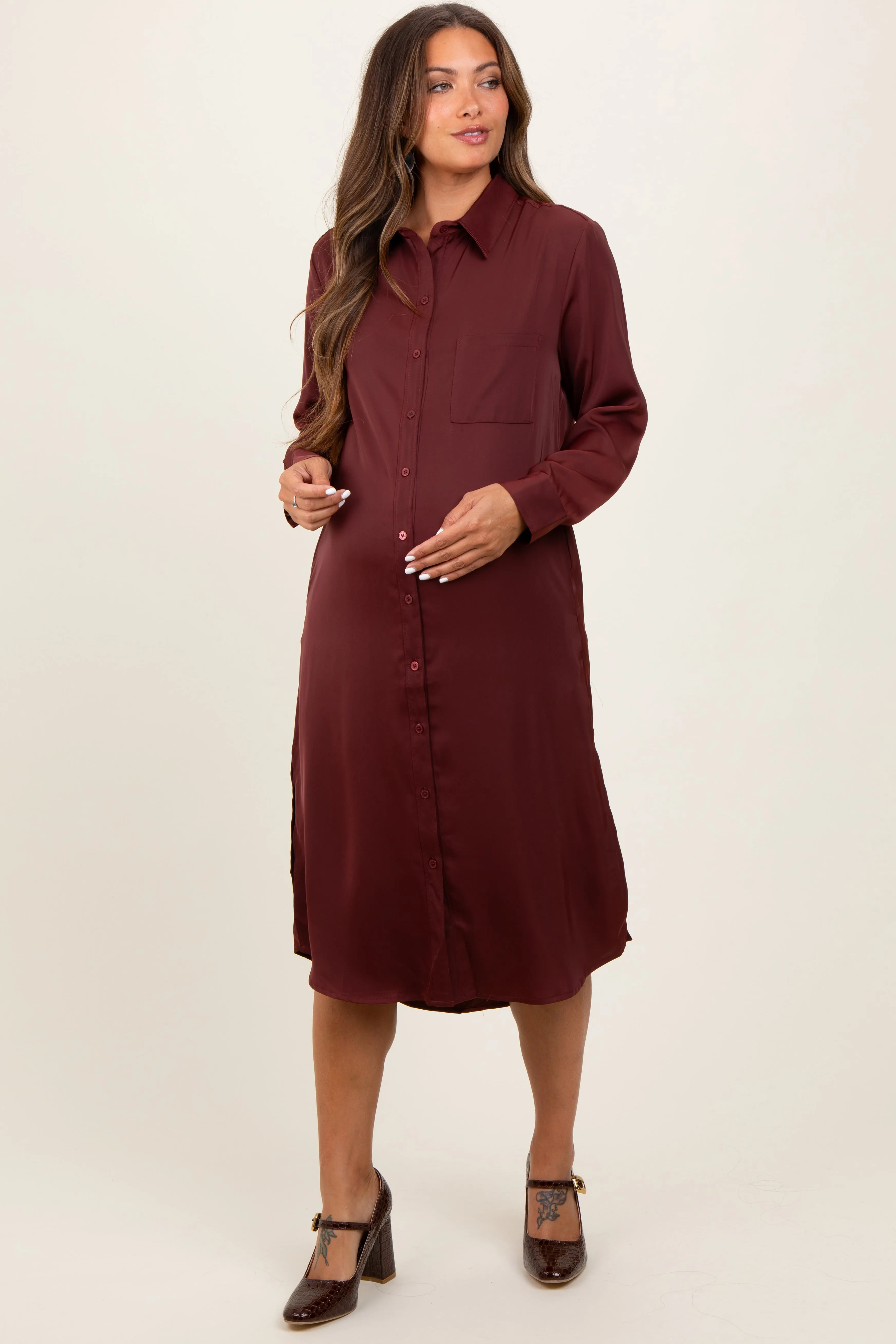 Rust Long Sleeve Maternity Midi Shirt Dress sold by Pinkblush