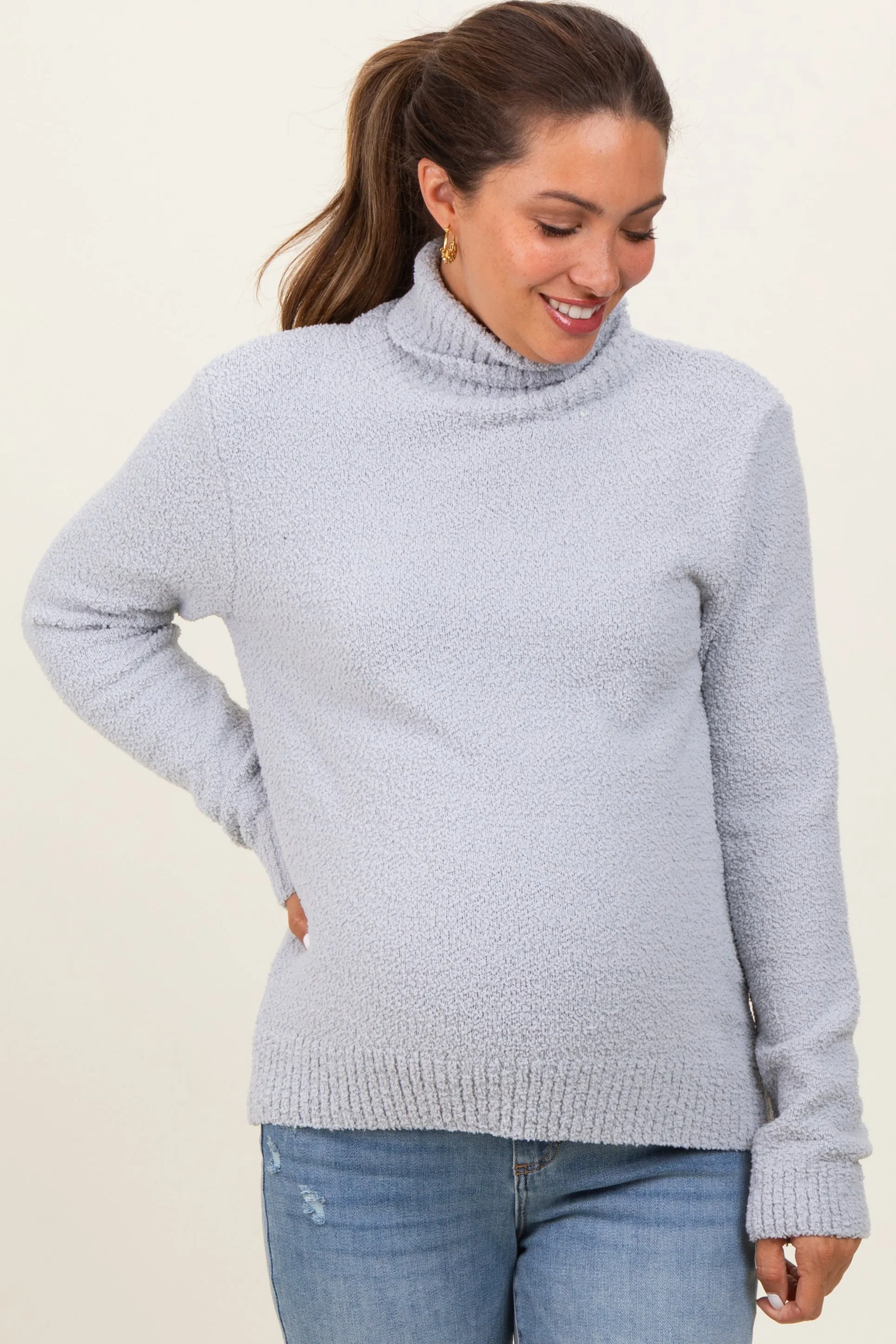 Heather Grey Turtleneck Chenille Knit Maternity Sweater sold by Pinkblush
