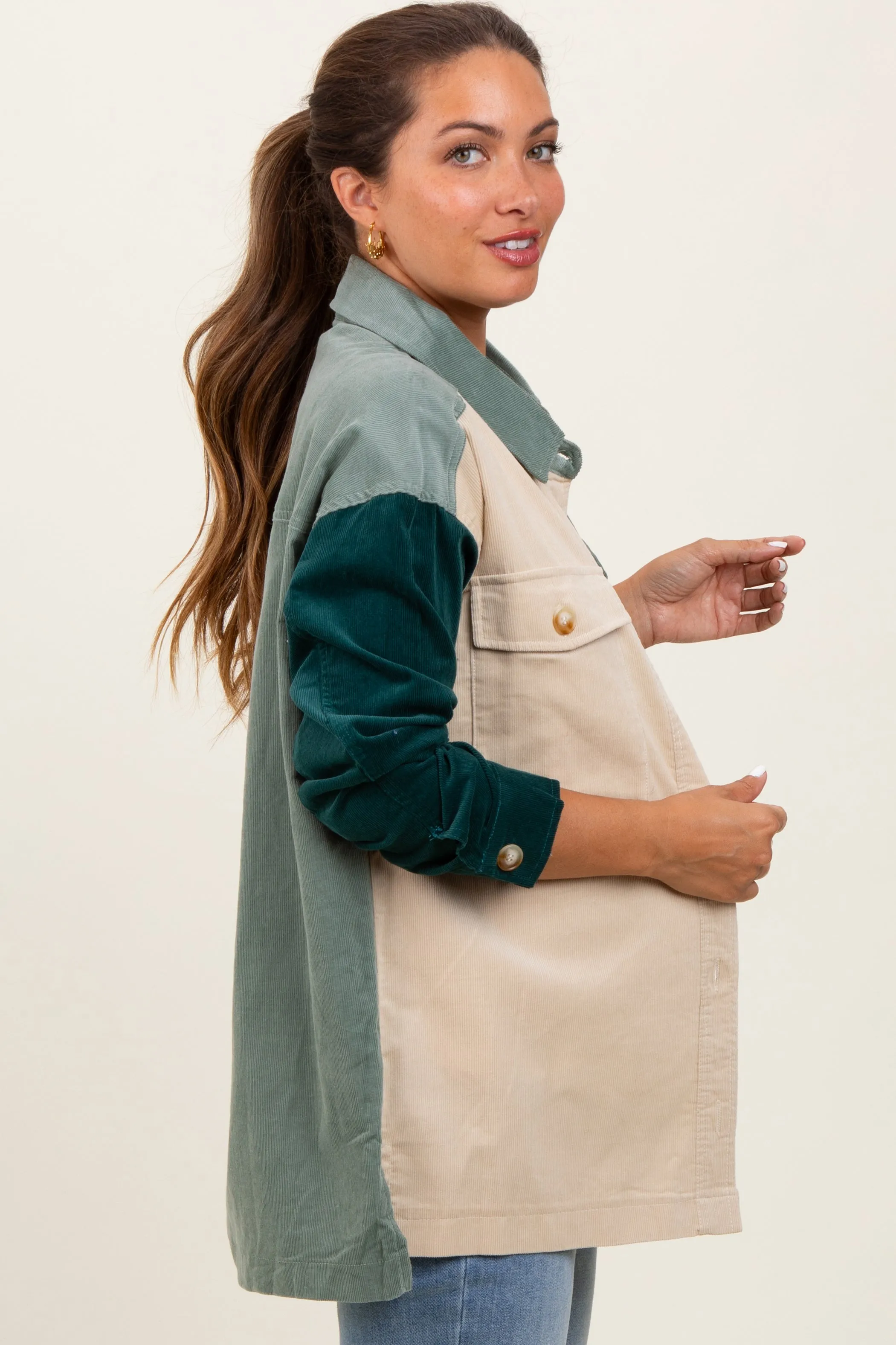 Light Olive Corduroy Colorblock Oversized Maternity Shirt Jacket sold by Pinkblush product image thumbnail 4