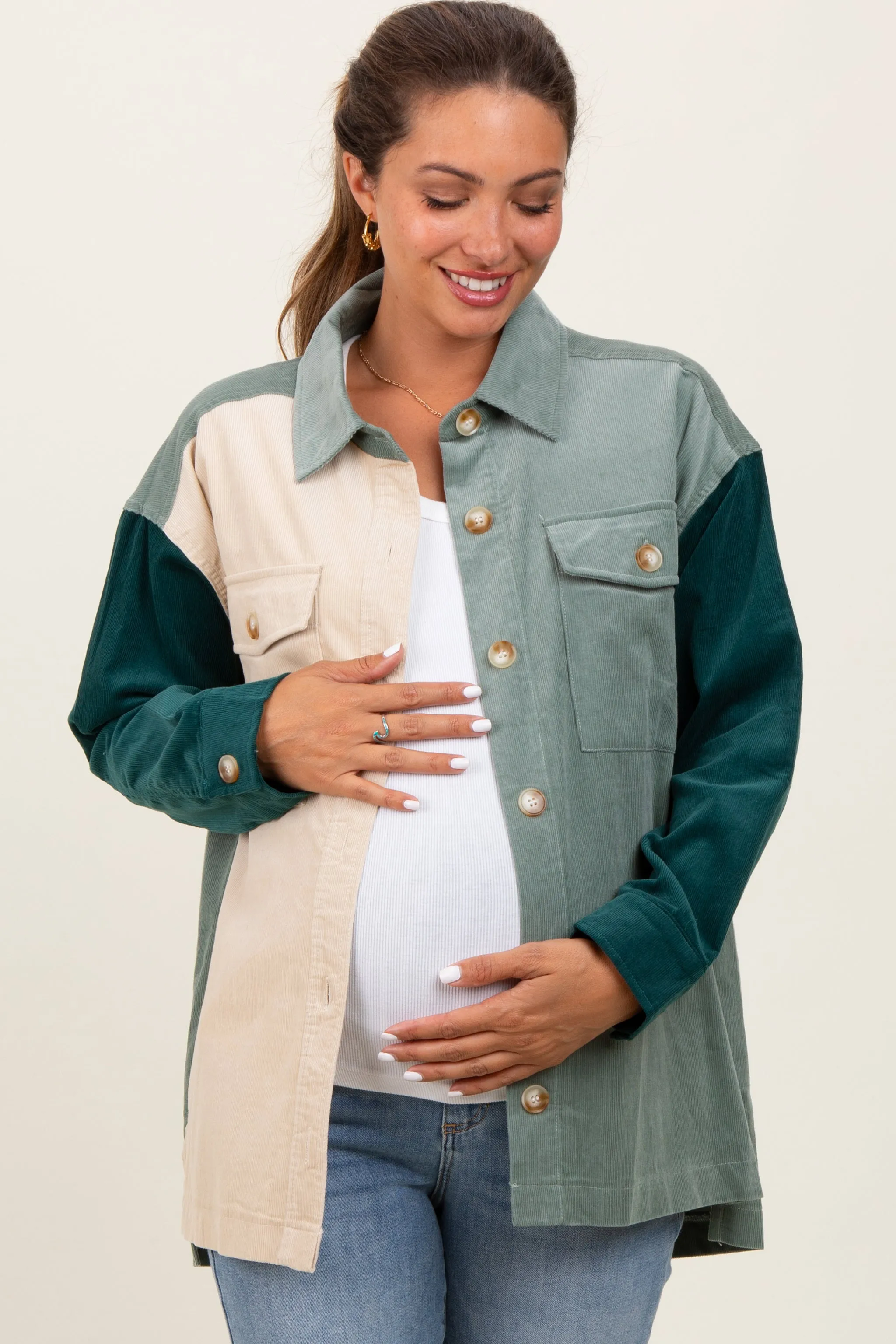 Light Olive Corduroy Colorblock Oversized Maternity Shirt Jacket sold by Pinkblush product image thumbnail 2