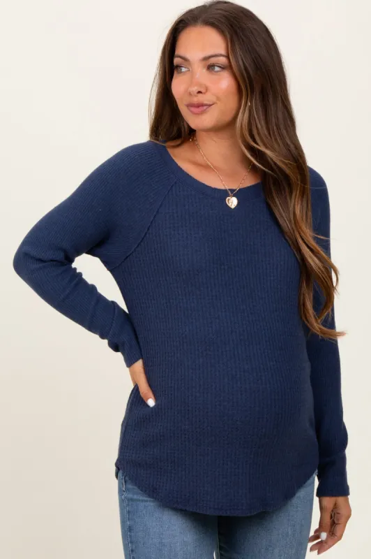 Navy Waffle Knit Raglan Long Sleeve Maternity Top sold by Pinkblush