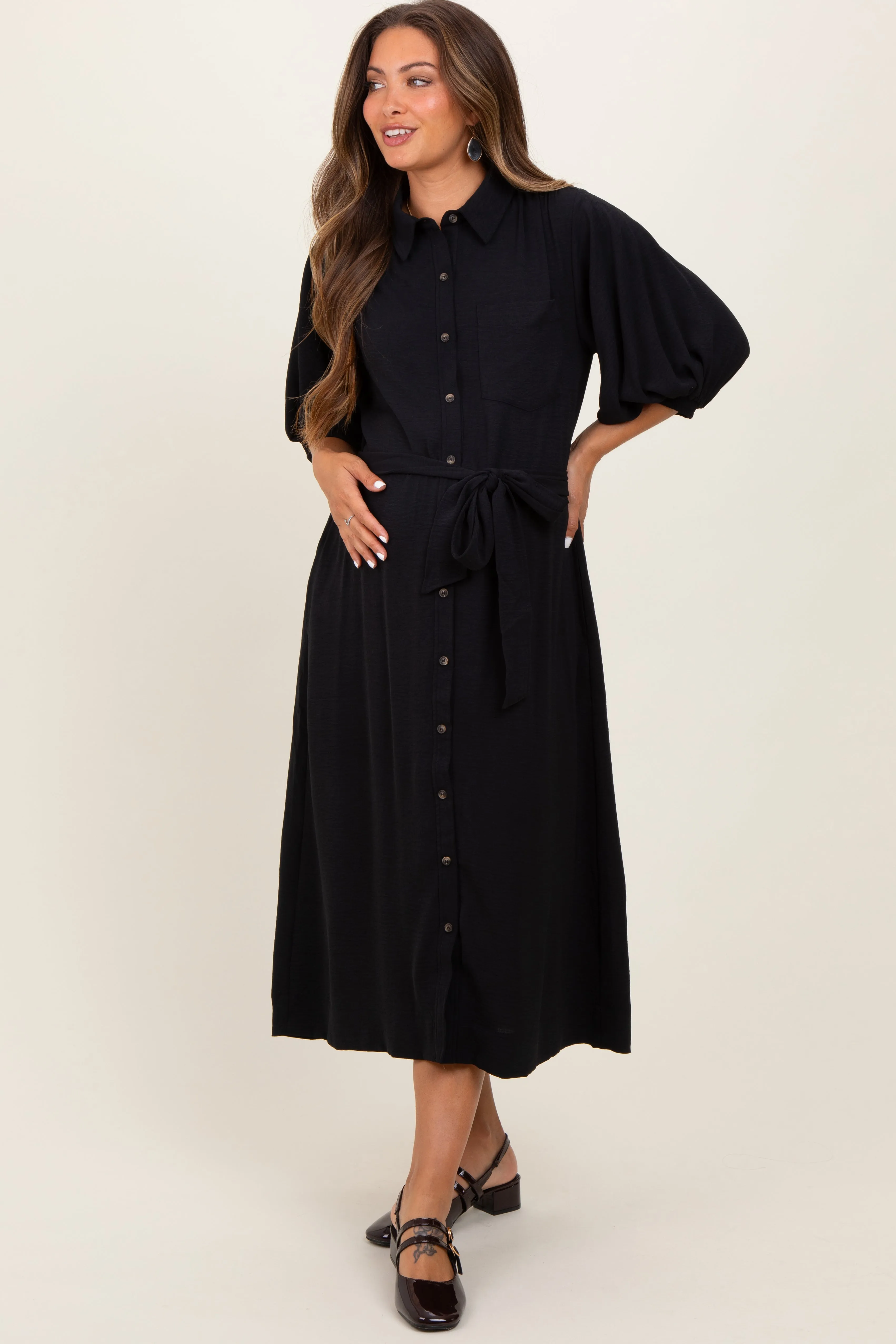 Black Sash Tie Maternity Midi Shirt Dress sold by Pinkblush product image thumbnail 2