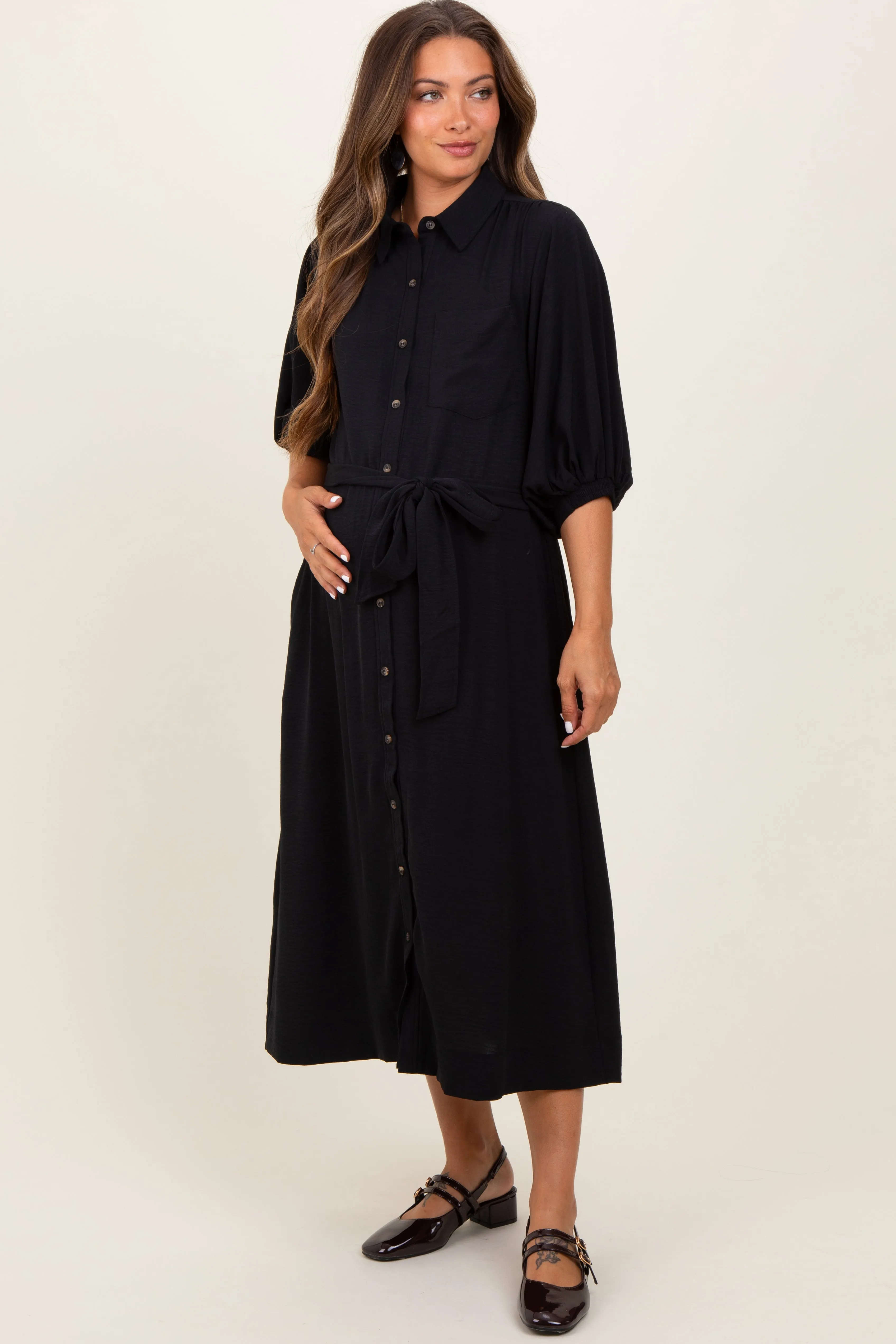 Black Sash Tie Maternity Midi Shirt Dress sold by Pinkblush
