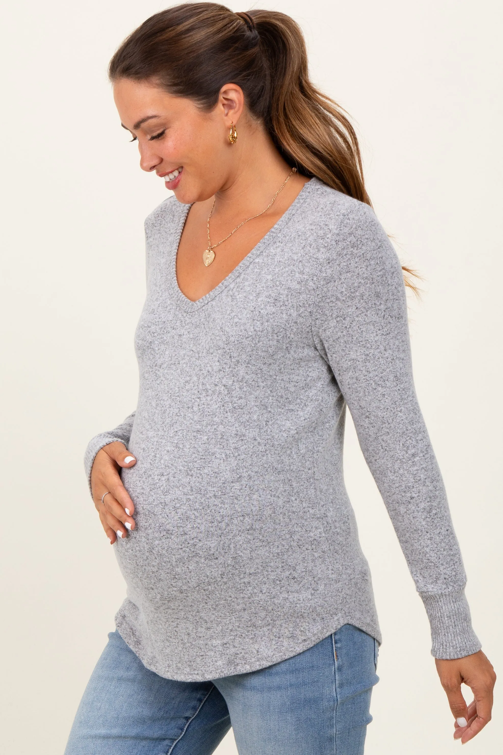 Heather Grey Brushed Knit Relaxed V-Neck Long Sleeve Maternity Top sold by Pinkblush product image thumbnail 2