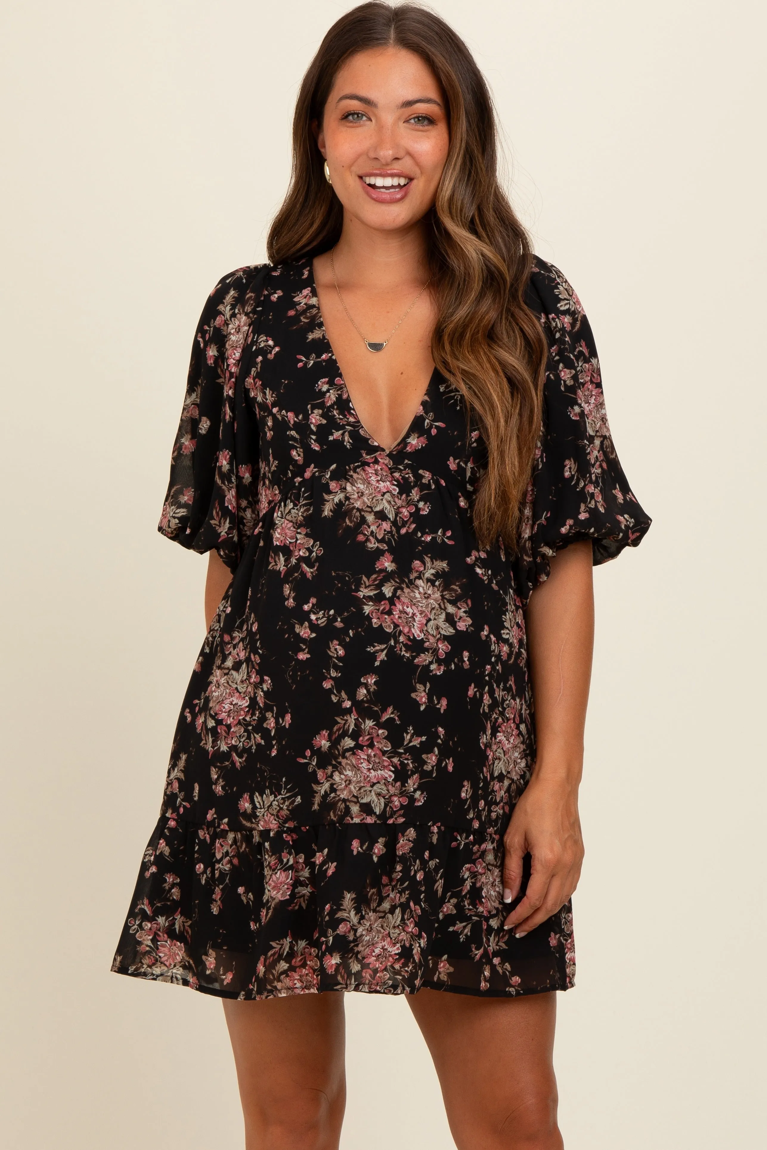 Black Deep V-Neck Tie Back Floral Maternity Mini Dress sold by Pinkblush product image thumbnail 2