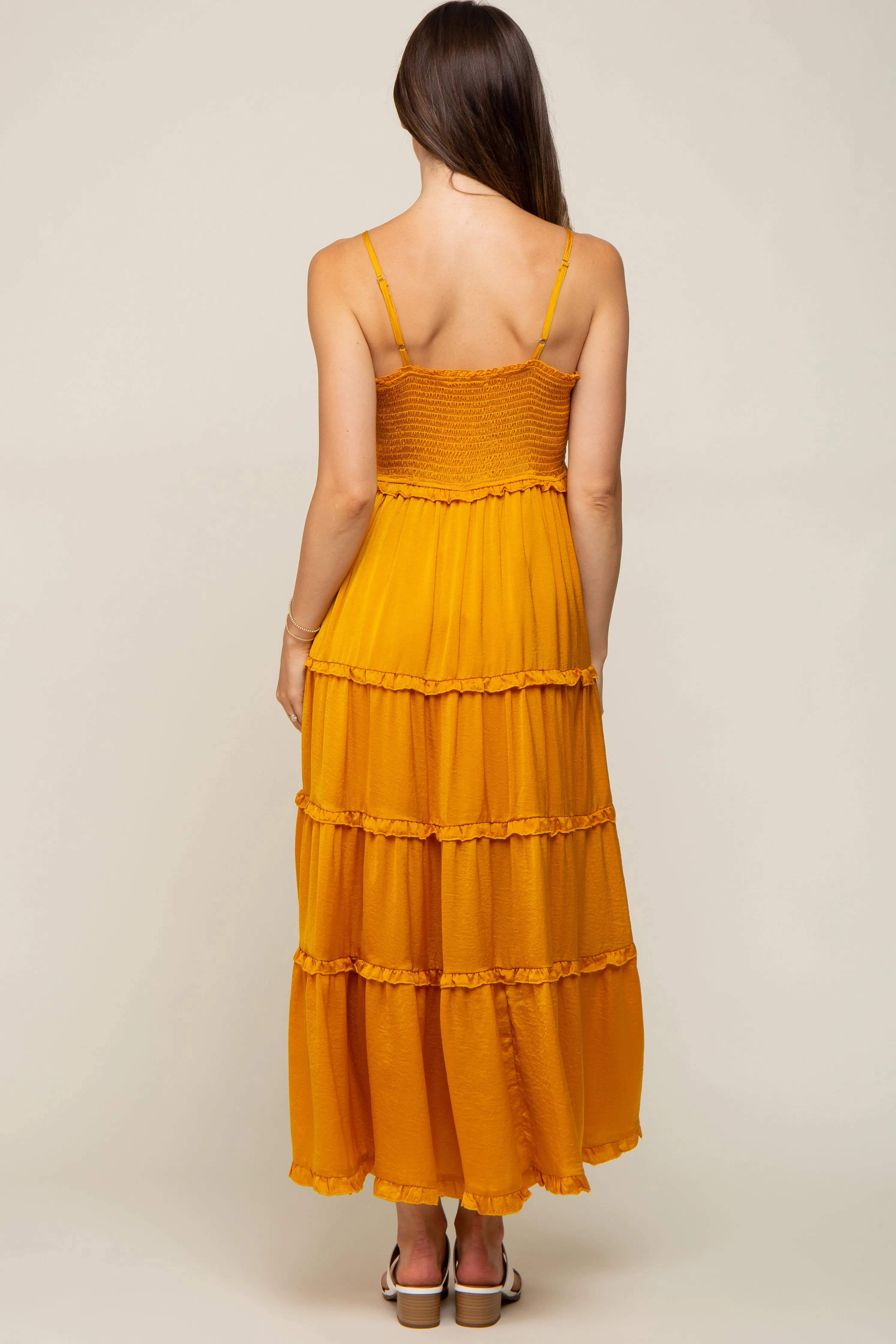 Yellow Gold Smocked Ruffle Tiered Maternity Maxi Dress sold by Pinkblush product image thumbnail 3