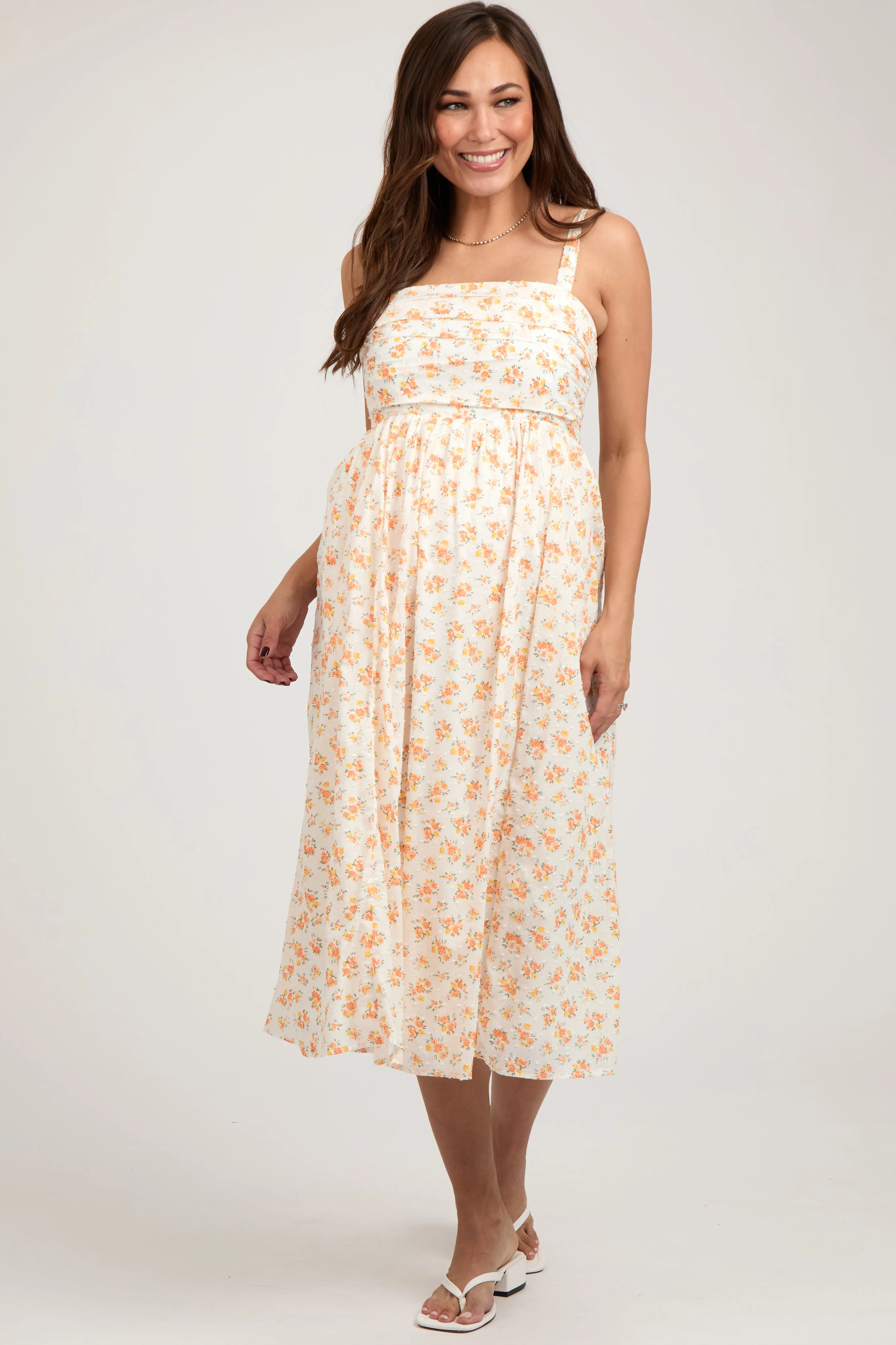 Orange Floral Textured Dot Square Neck Maternity Midi Dress sold by Pinkblush