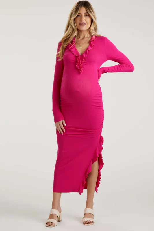 Fuchsia Ruffle Ruched Long Sleeve Maternity Maxi Dress sold by Pinkblush