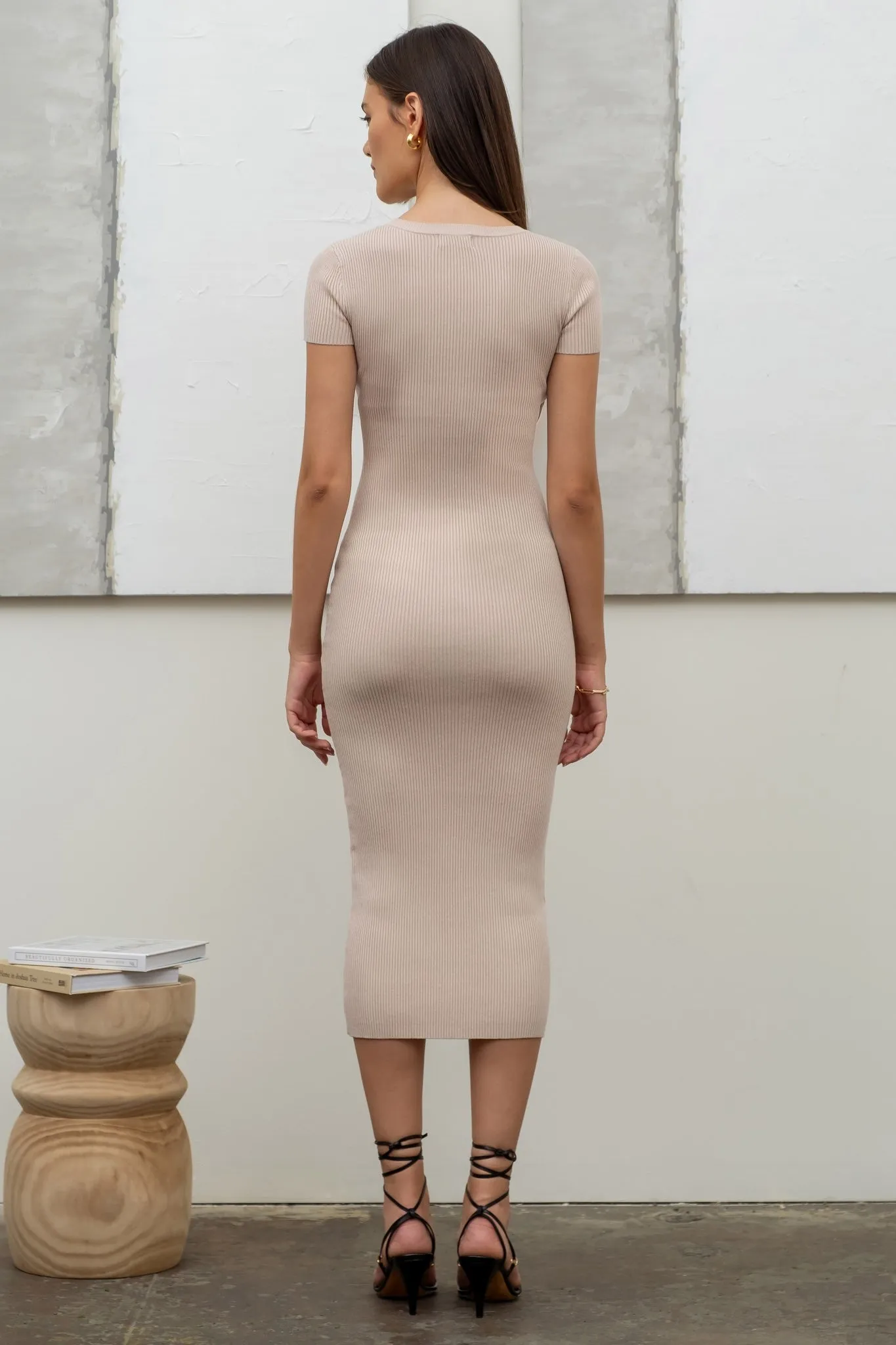Beige Short Sleeve Rib Knit Midi Dress sold by Pinkblush product image thumbnail 3