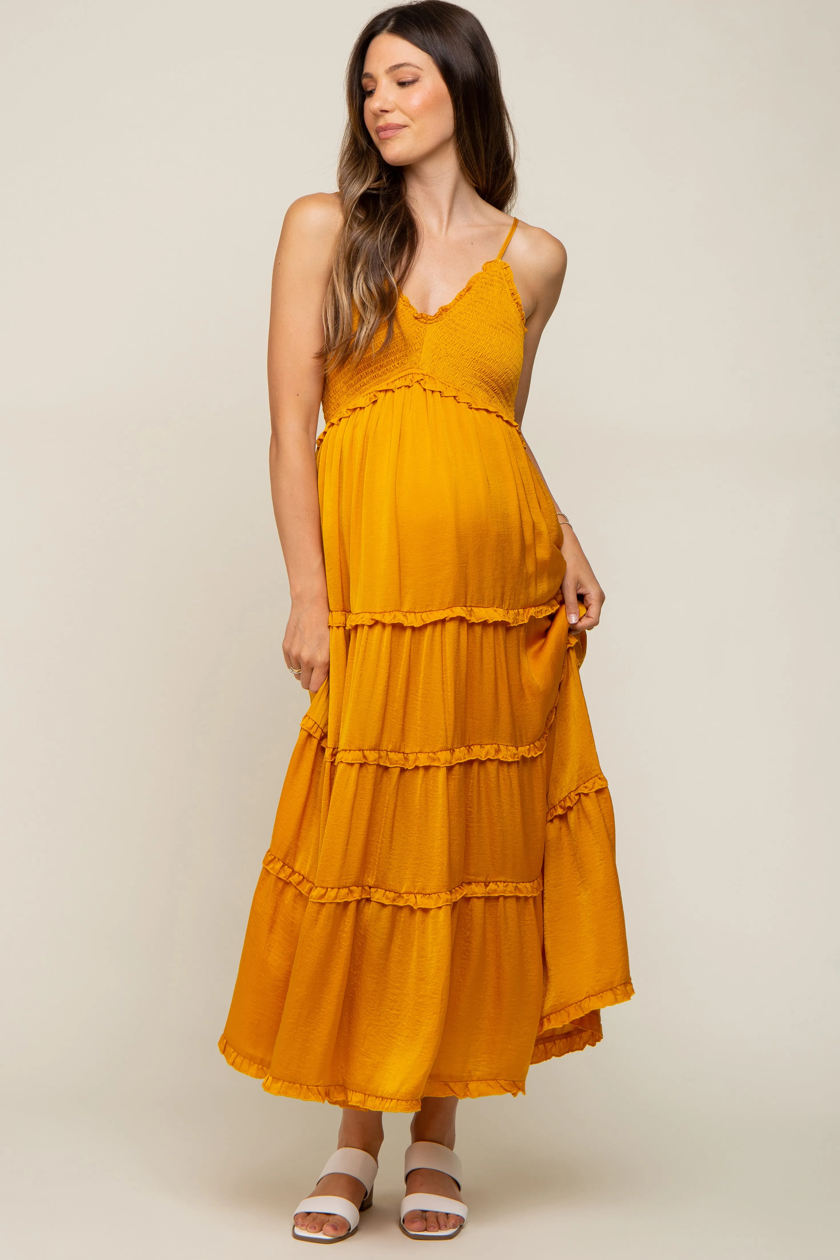 Yellow Gold Smocked Ruffle Tiered Maternity Maxi Dress sold by Pinkblush product image thumbnail 4