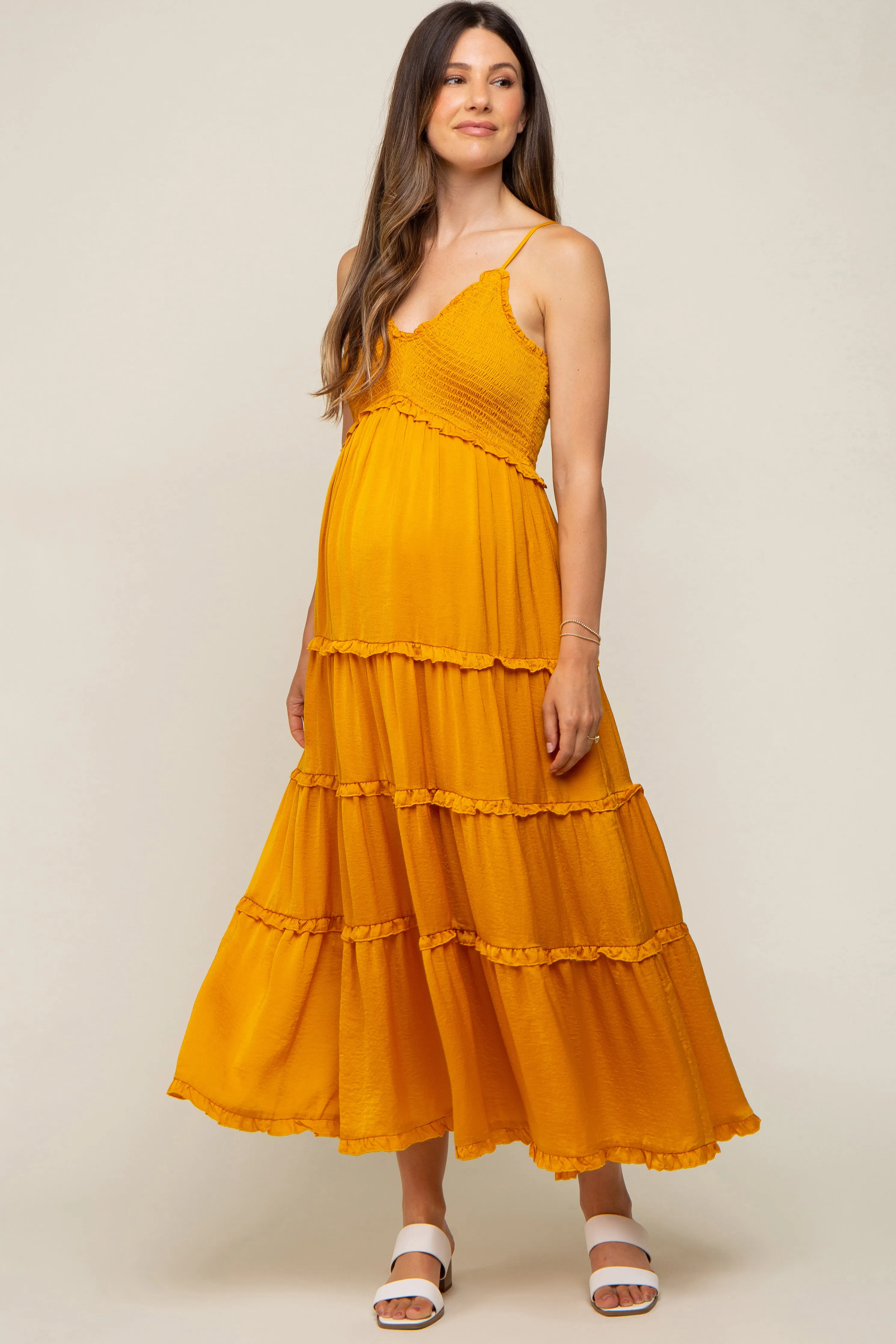 Yellow Gold Smocked Ruffle Tiered Maternity Maxi Dress sold by Pinkblush