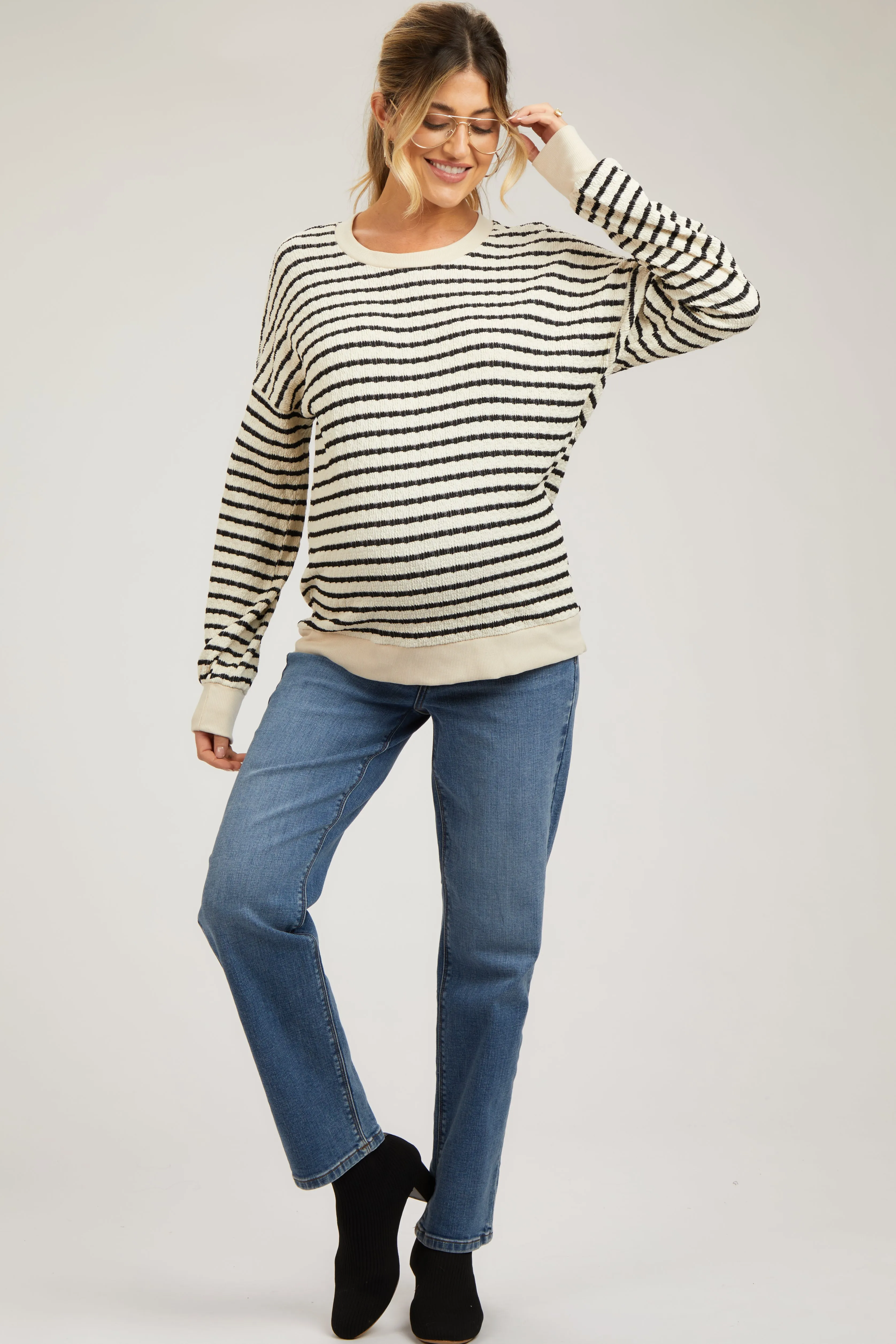 Cream Striped Textured Long Sleeve Maternity Top sold by Pinkblush product image thumbnail 4