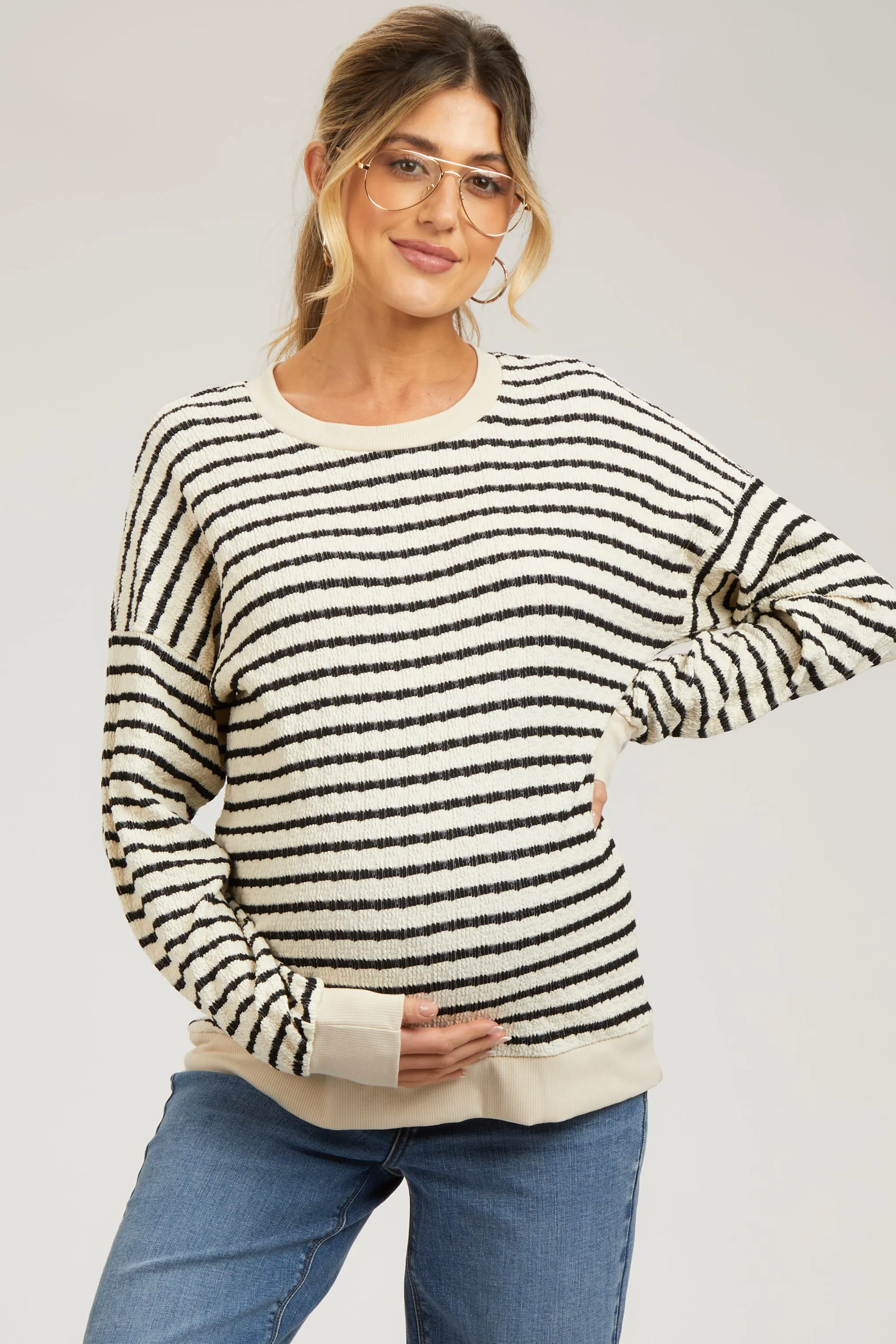 Cream Striped Textured Long Sleeve Maternity Top sold by Pinkblush